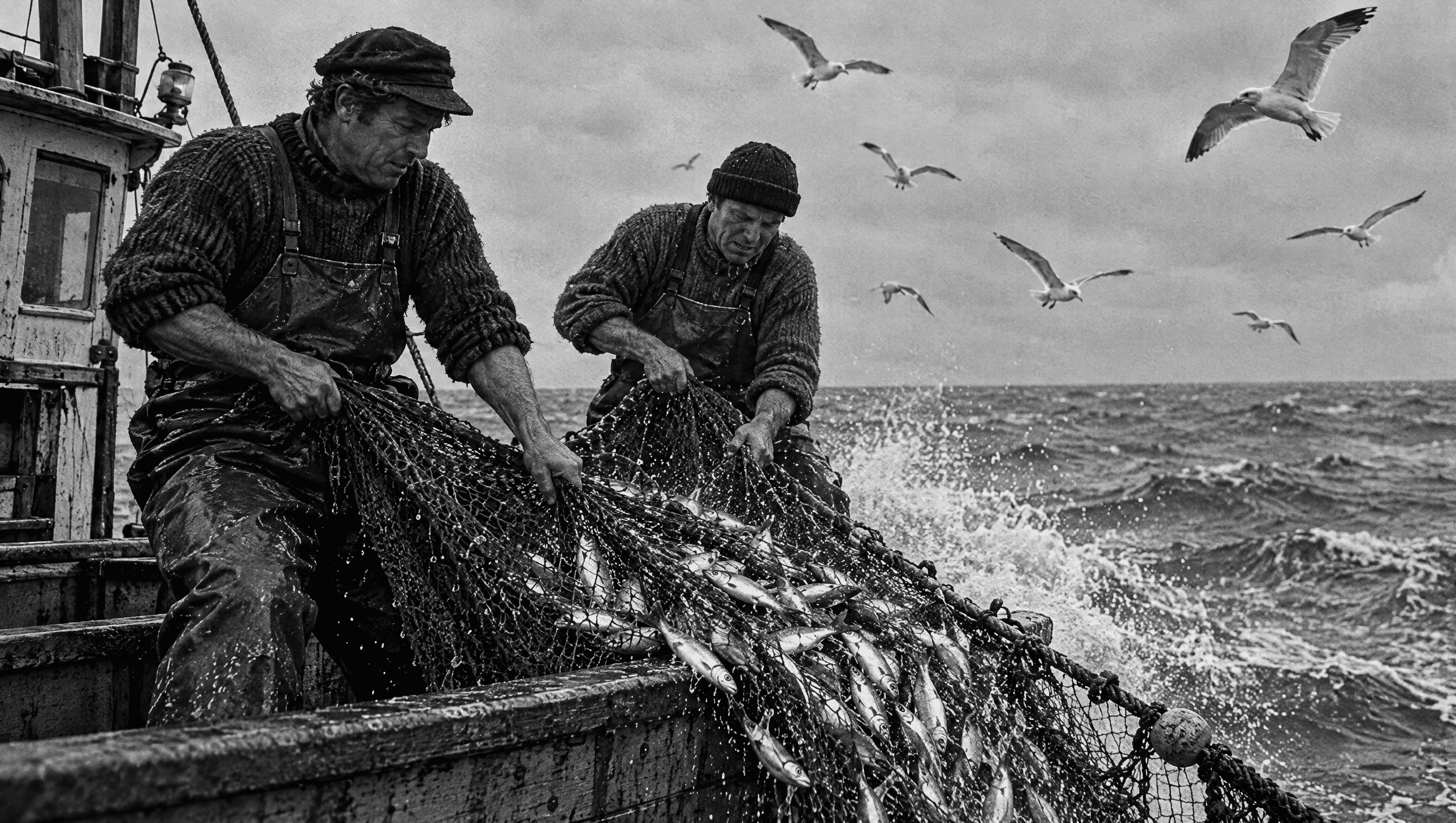 Two fishermen hauling a net full of silver fish over the side of a boat, gulls overhead