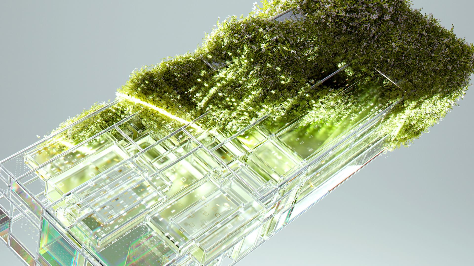 A transparent, geometric structure is overlaid with lush, green moss, blending nature with modern architecture. The scene is serene and futuristic.