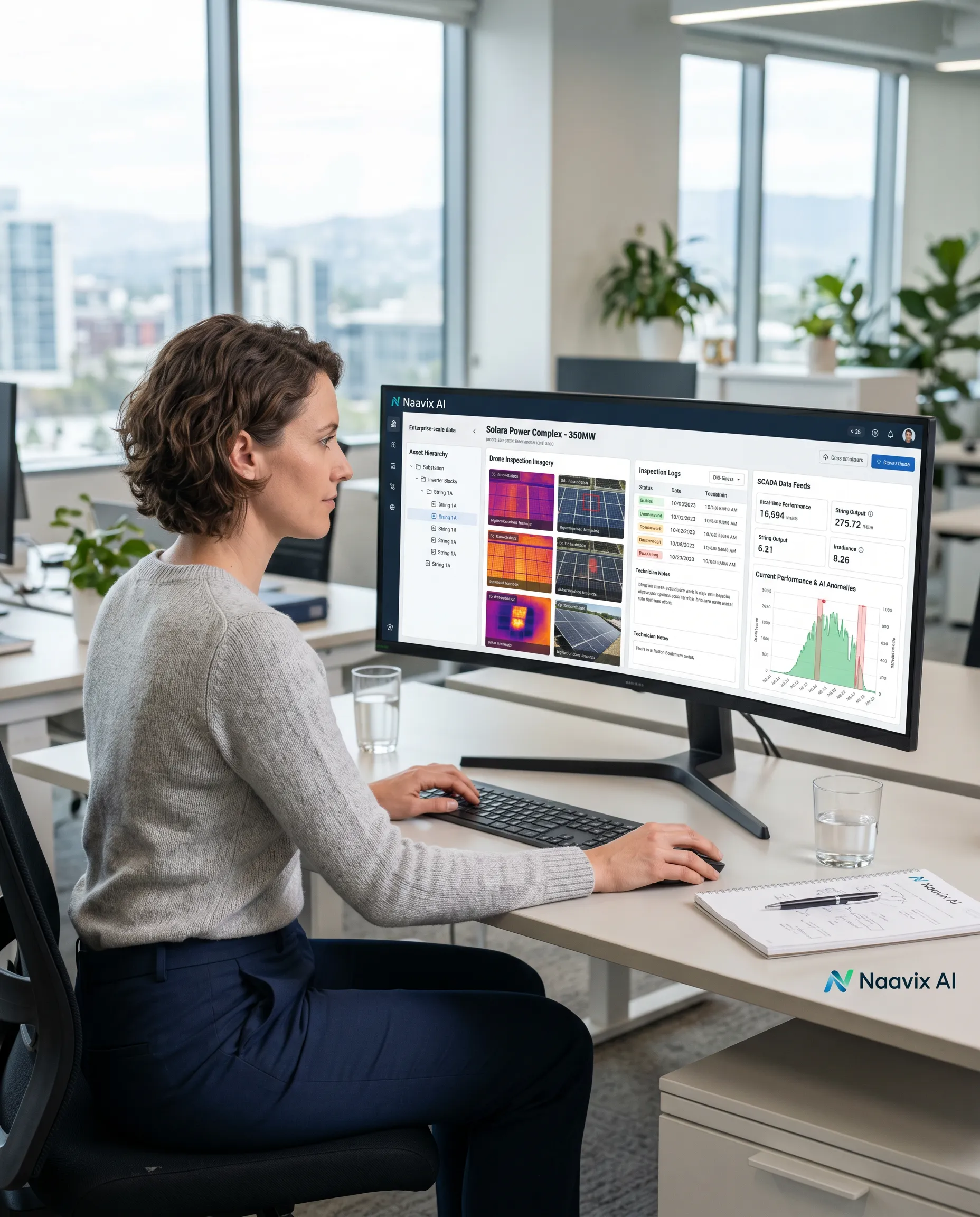 A woman works on a laptop displaying a global solar operations dashboard, seated at a desk in a bright office with solar panels visible outside the window.