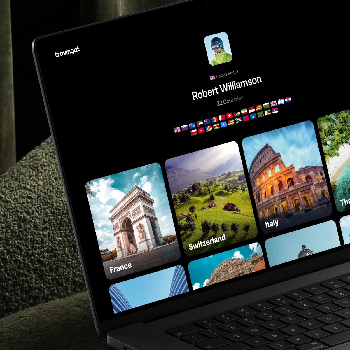 Travel profile showing photos organized into country albums with flags and destinations.