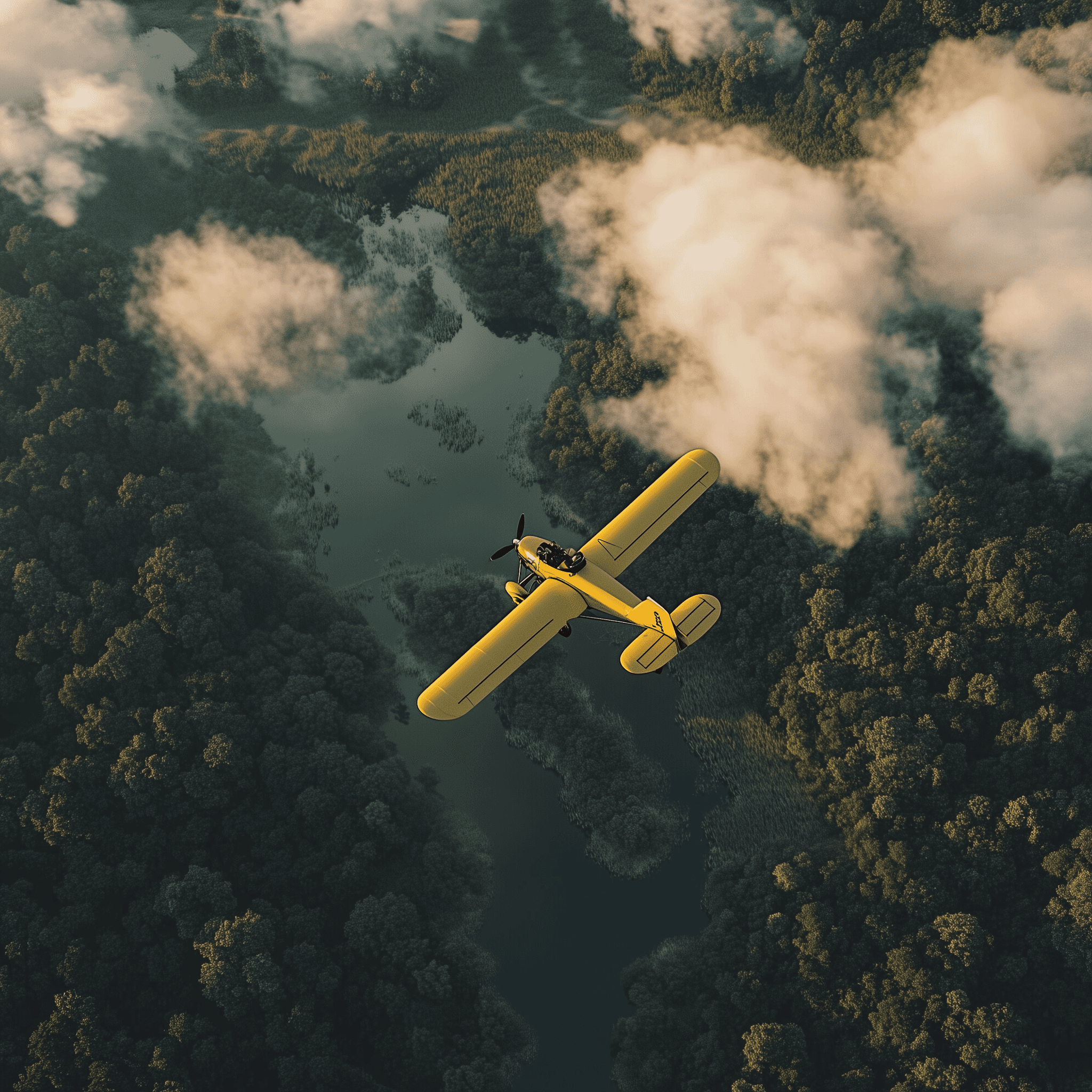 Aerial view of a yellow biplane flying over green trees and a lake, in the style of Roger Deakins, adding to the sense of wonder., beautiful scenery, seen from above, with a bird's-eye perspective. The clouds float above and below it, creating an atmosphere of mystery. In front of it lies a river that flows through green forests