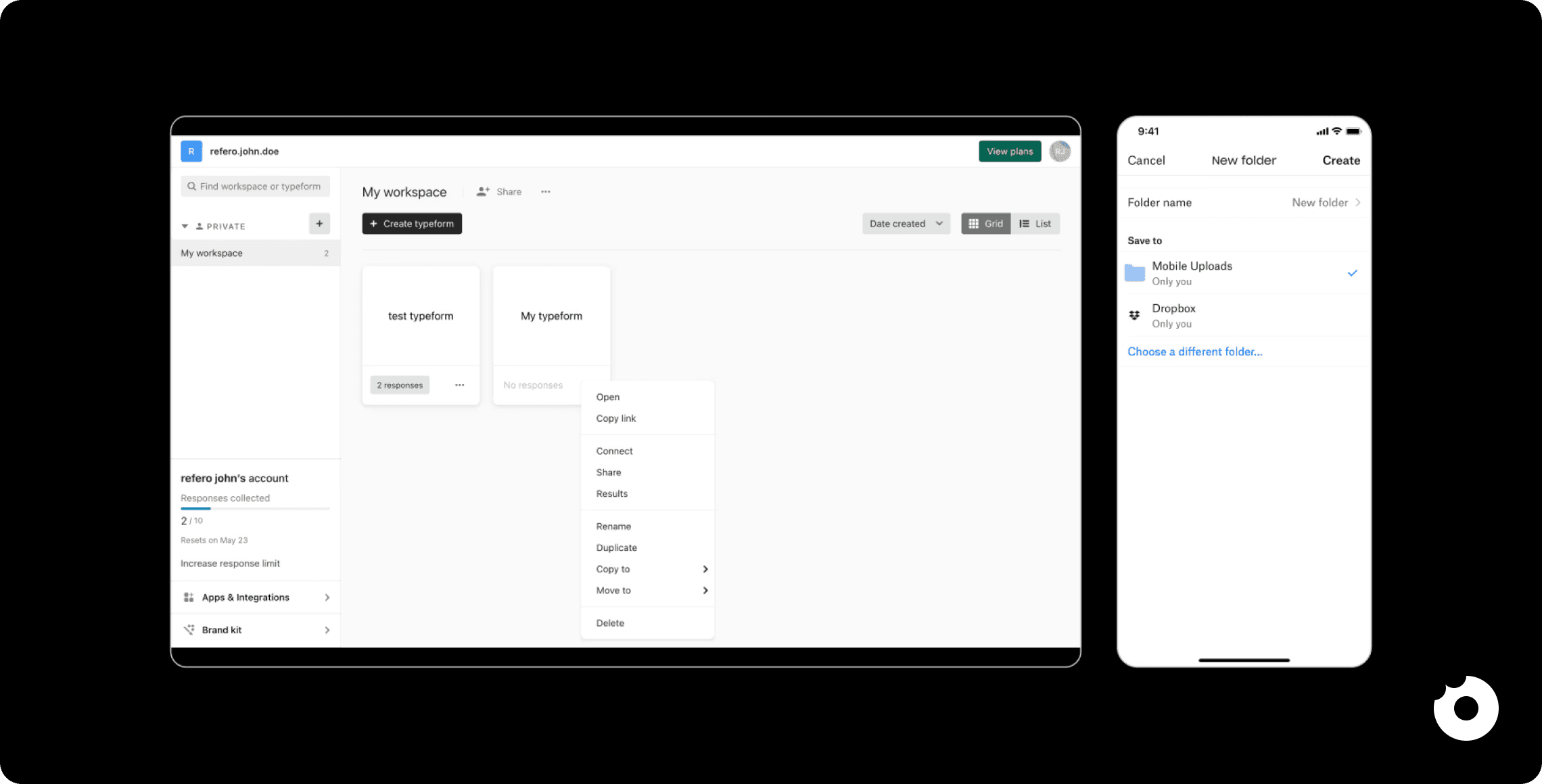 Typeform places its “Create new form” CTA prominently in the header, making it accessible regardless of scroll position