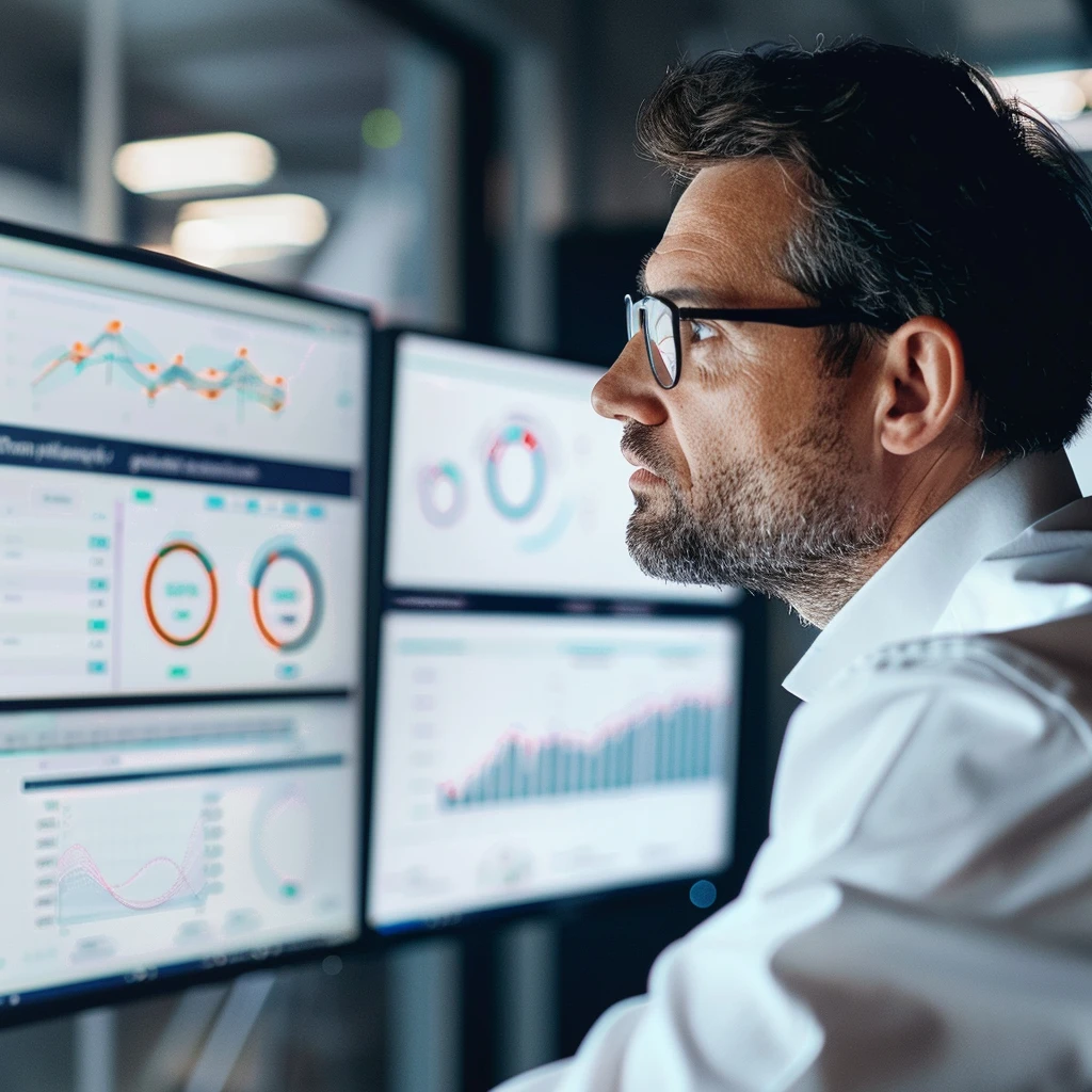 Electronics professional looking at a dashboard on a computer screen