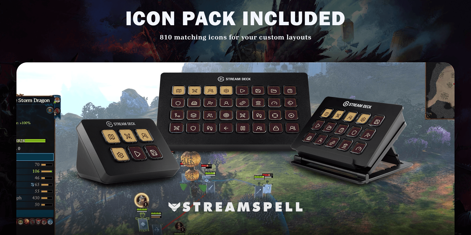 Total War Warhammer 3 icon pack preview with matching campaign and battle control keys on Stream Deck Mini, XL and MK2