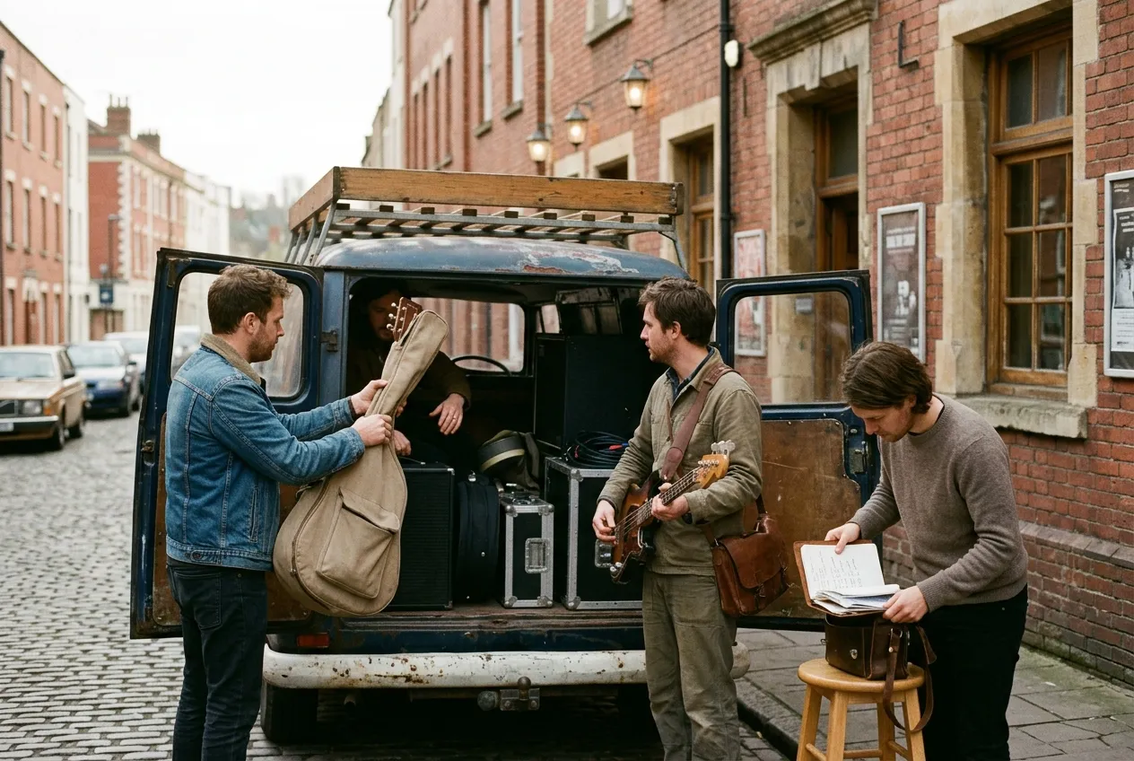 A band loading instruments into a van before a session