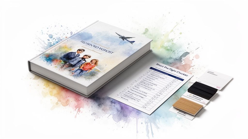 A watercolor style book featuring a family and airplane, accompanied by a flight checklist and cards.