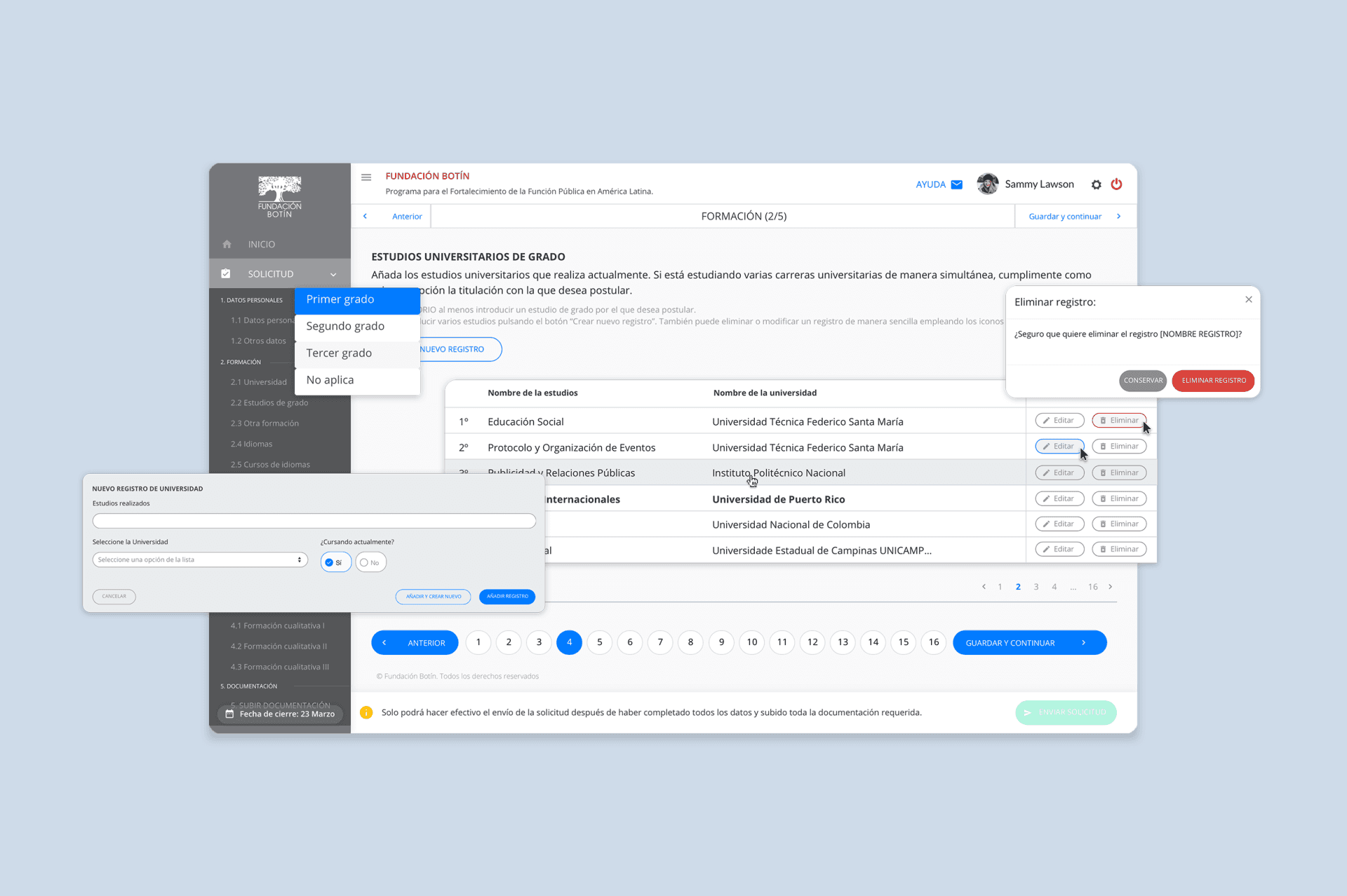 Interfaz de usuario para registro de estudios universitarios en la plataforma Fundación Botín.