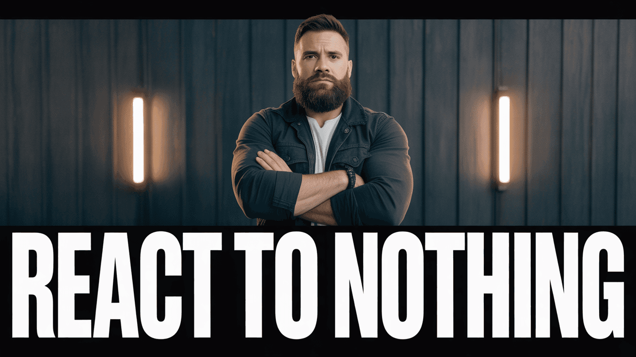 Alex Hormozi-style stoic mindset thumbnail with folded arms and REACT TO NOTHING text