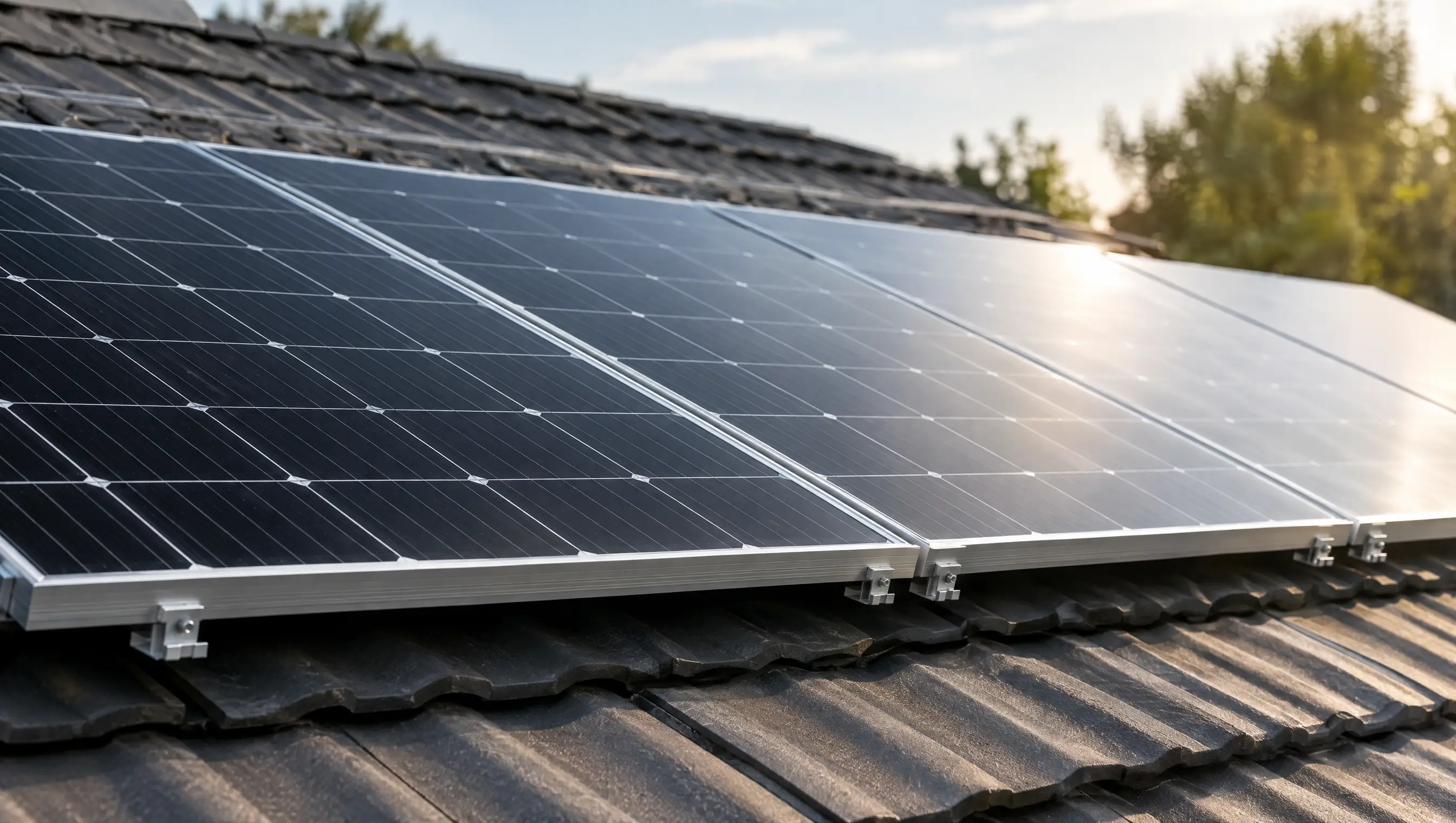 Close-up of black monocrystalline solar panels and their mounting clamps