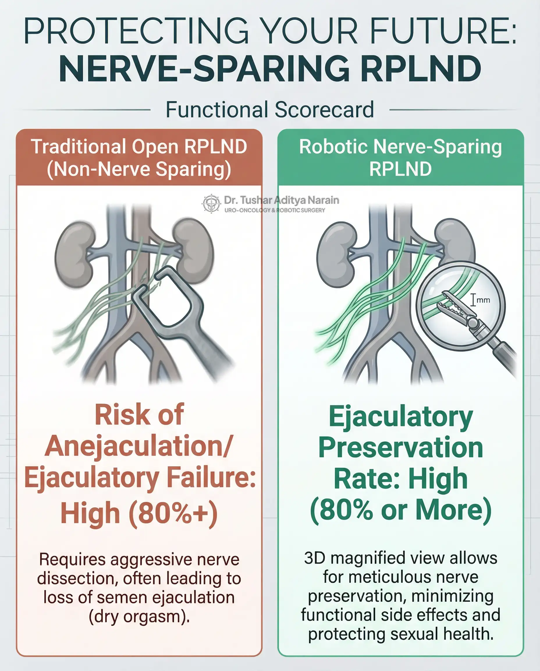 ड्यूल-कॉलम तुलना ग्राफिक में Traditional RPLND की तुलना Robotic Nerve-Sparing RPLND के साथ की गई है, जिसमें robotic method का फायदा ejaculatory function को सुरक्षित रखने और complications को कम करने में है।