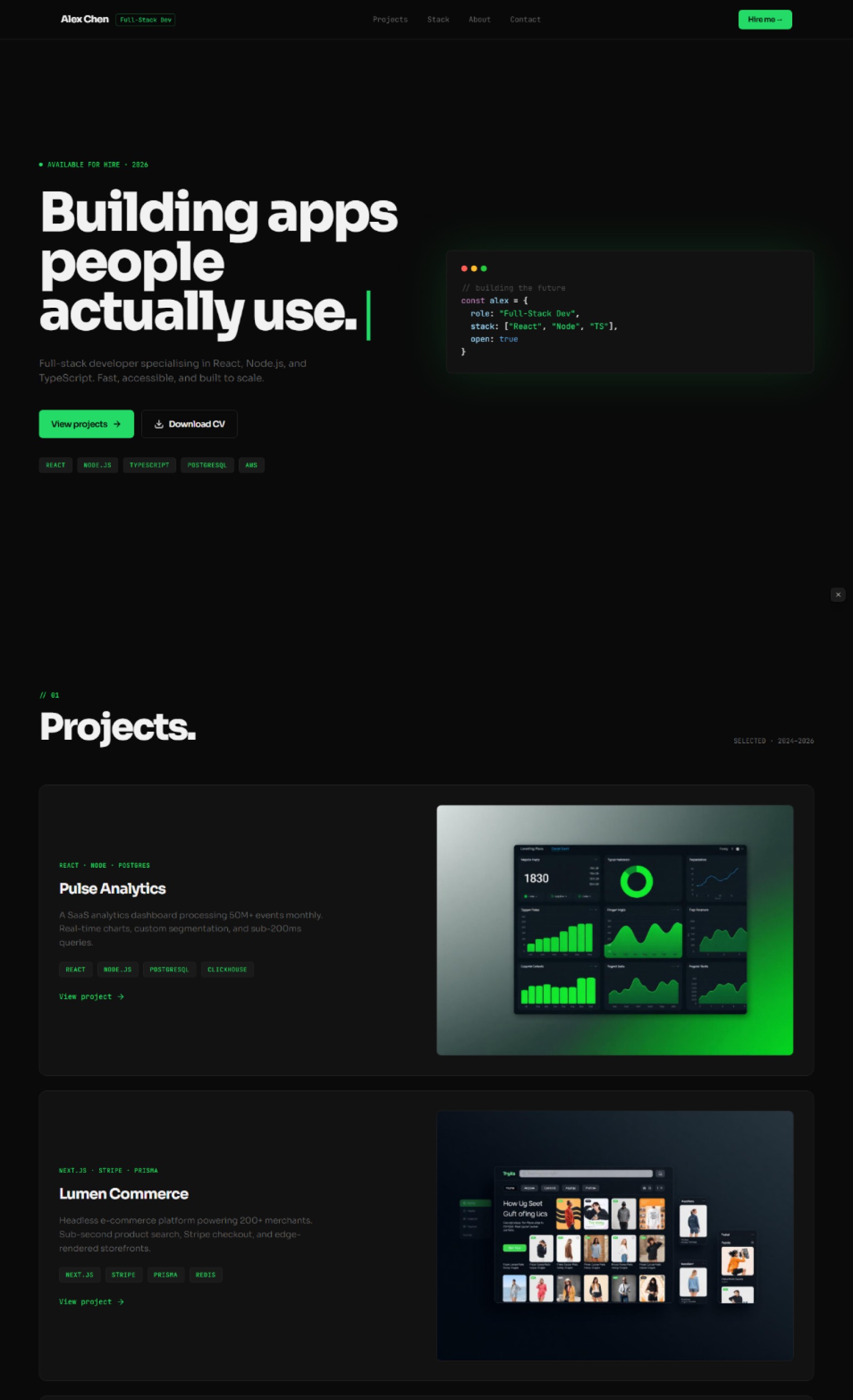 Developer portfolio website prompt — near-black and code green floating terminal card full-stack developer portfolio design preview