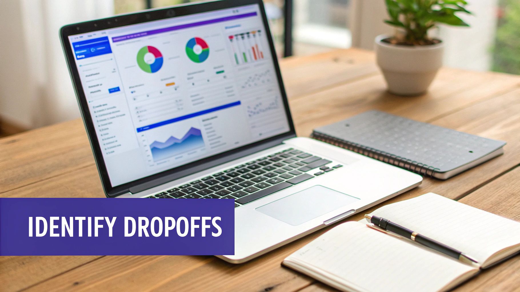 Laptop showing data charts and graphs on a wooden desk with a notebook and pen, banner reads IDENTIFY DROPOFFS.