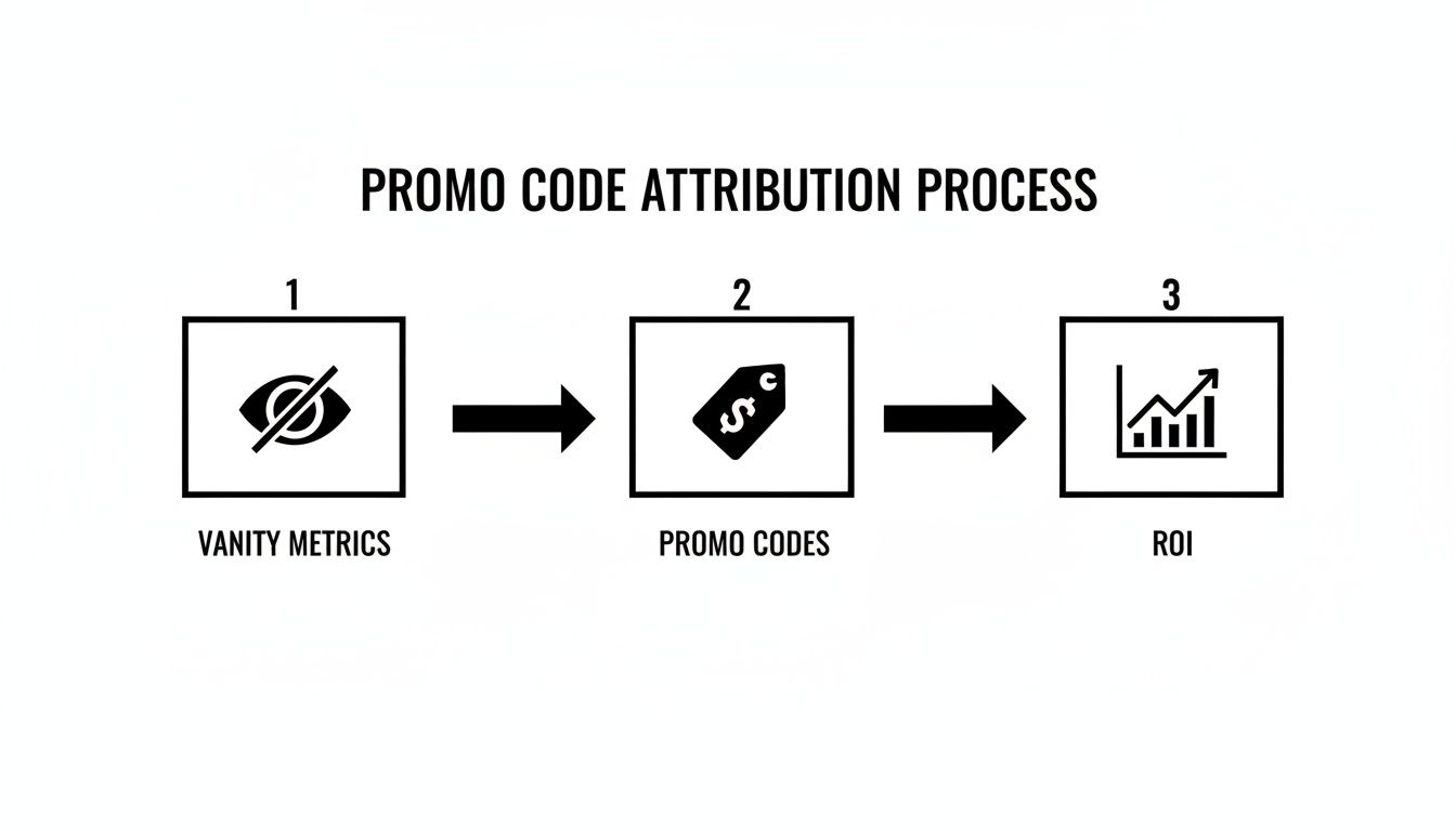Flowchart illustrating the promo code attribution process, moving from vanity metrics to ROI.
