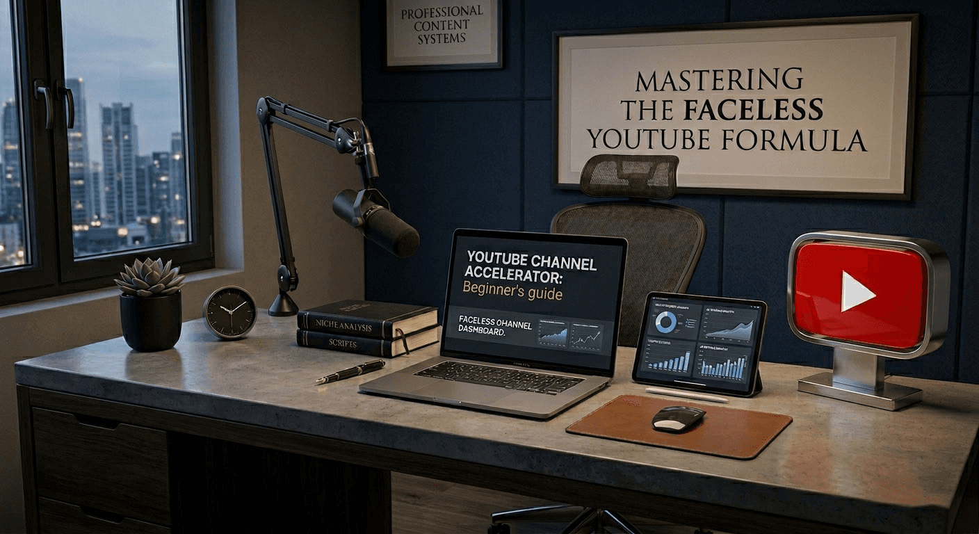 Image illustrates faceless YouTube automation workspace -  Faceless Content Ideas