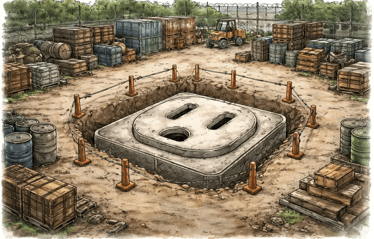Illustration of an electric vehicle charging pad under construction in a storage yard