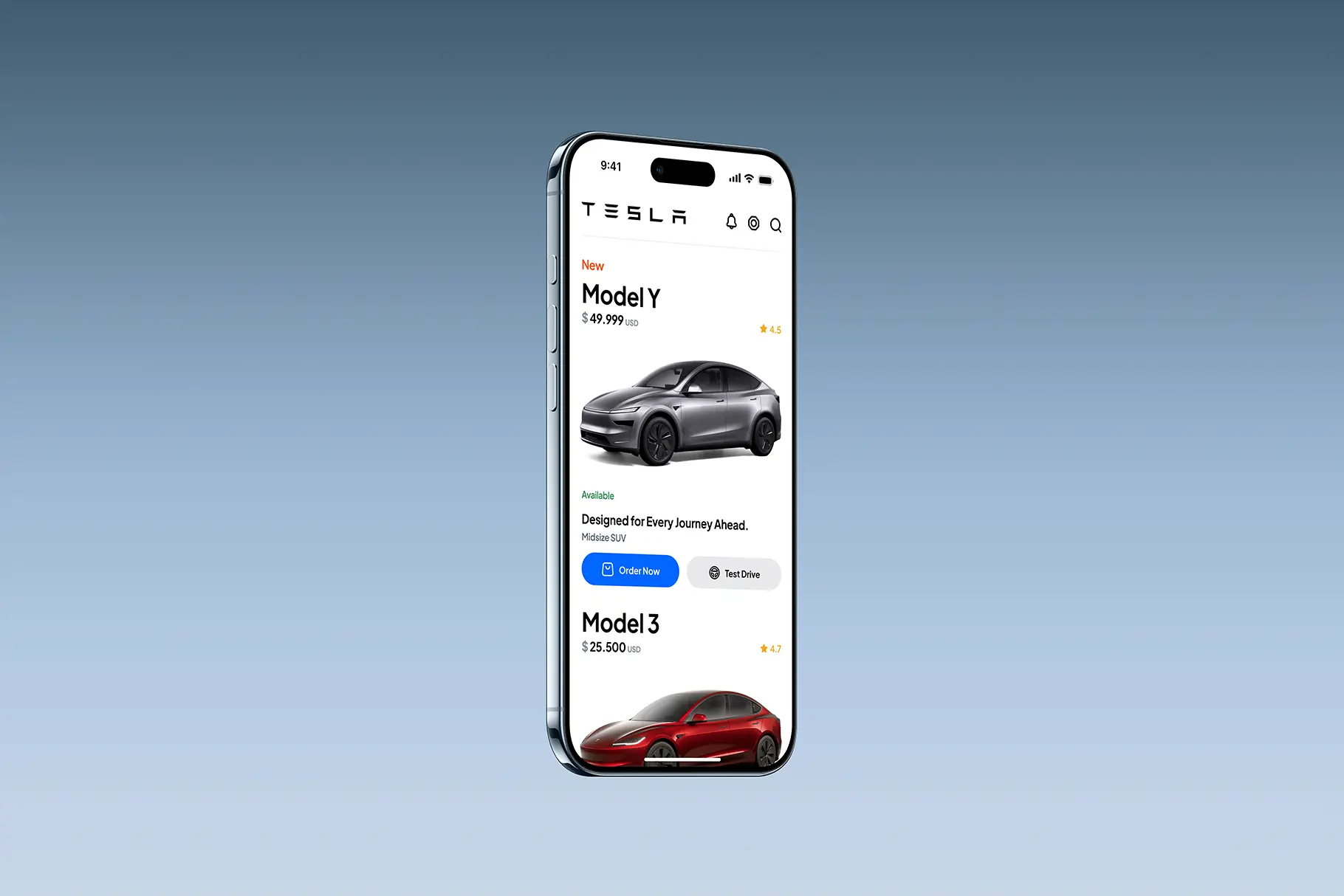 Floating smartphone mockup with modern mobile app UI, realistic shadows, and clean product presentation.