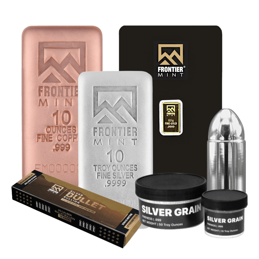 Authorized distributor display of Frontier Mint products including silver bars, silver bullets, silver grain, and copper bars.