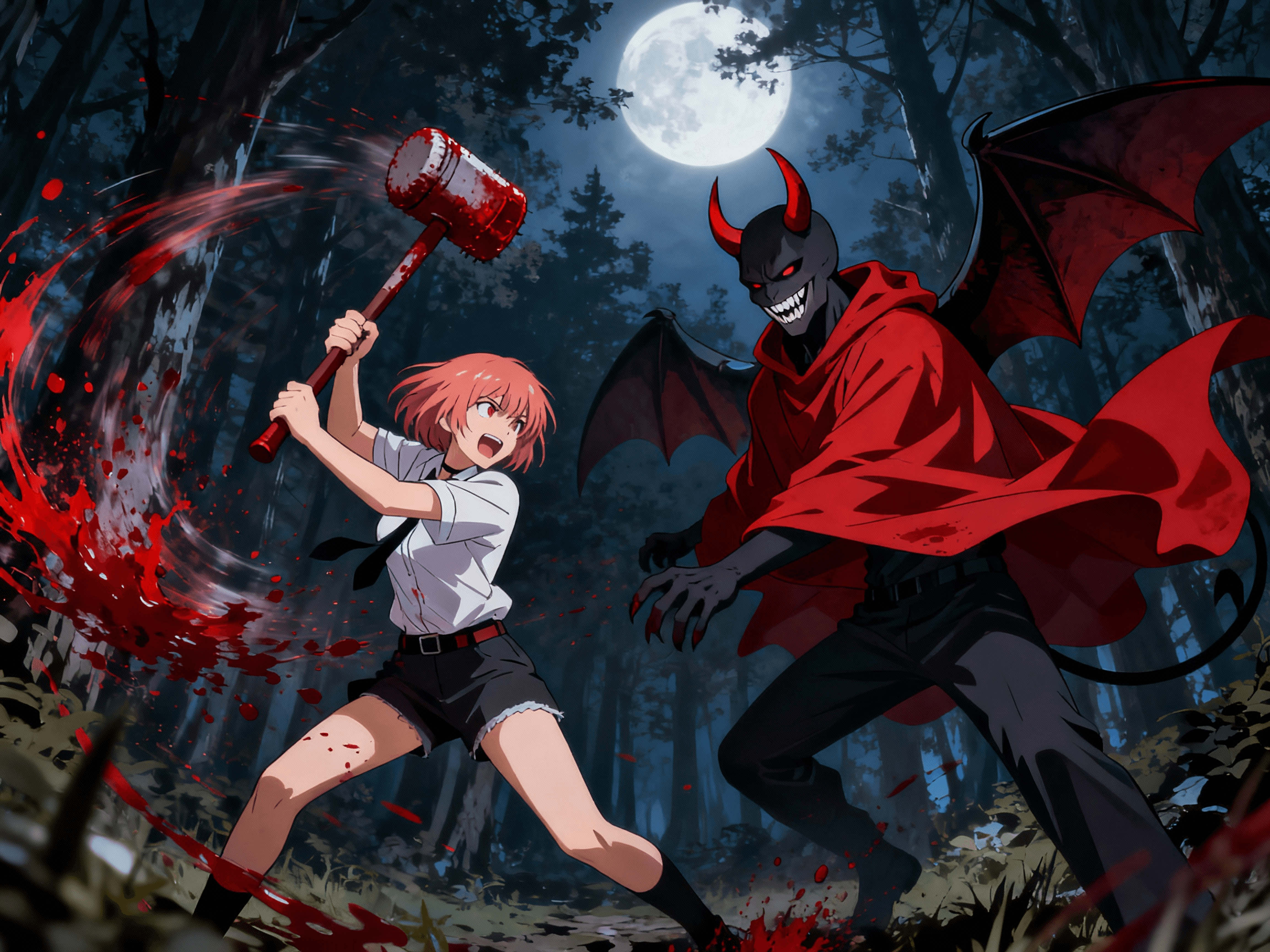 A dramatic shot of Chainsaw Man in a post-apocalyptic wasteland during a stormy twilight, under