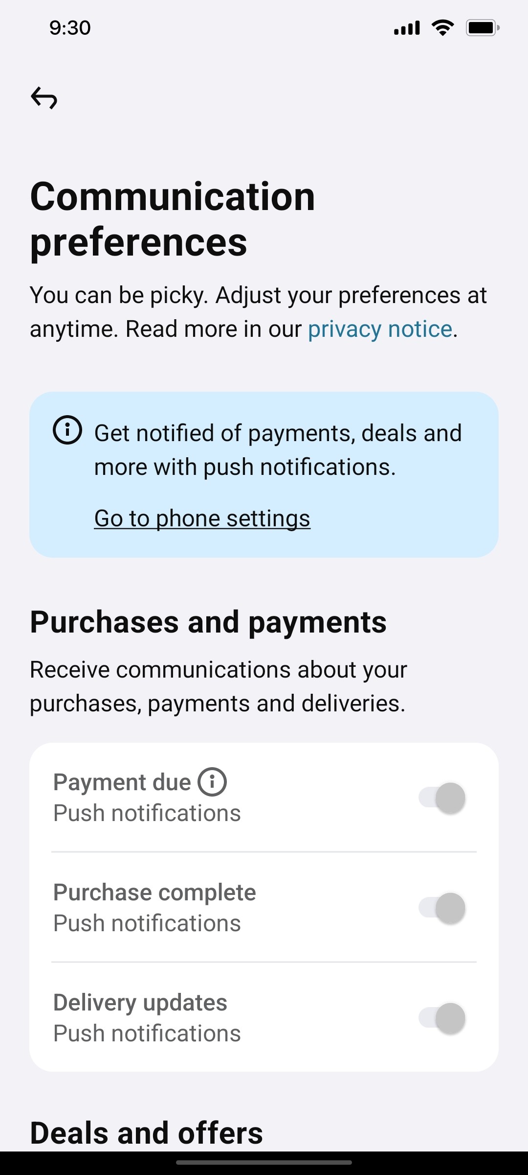 Klarna Communication Preferences Screen