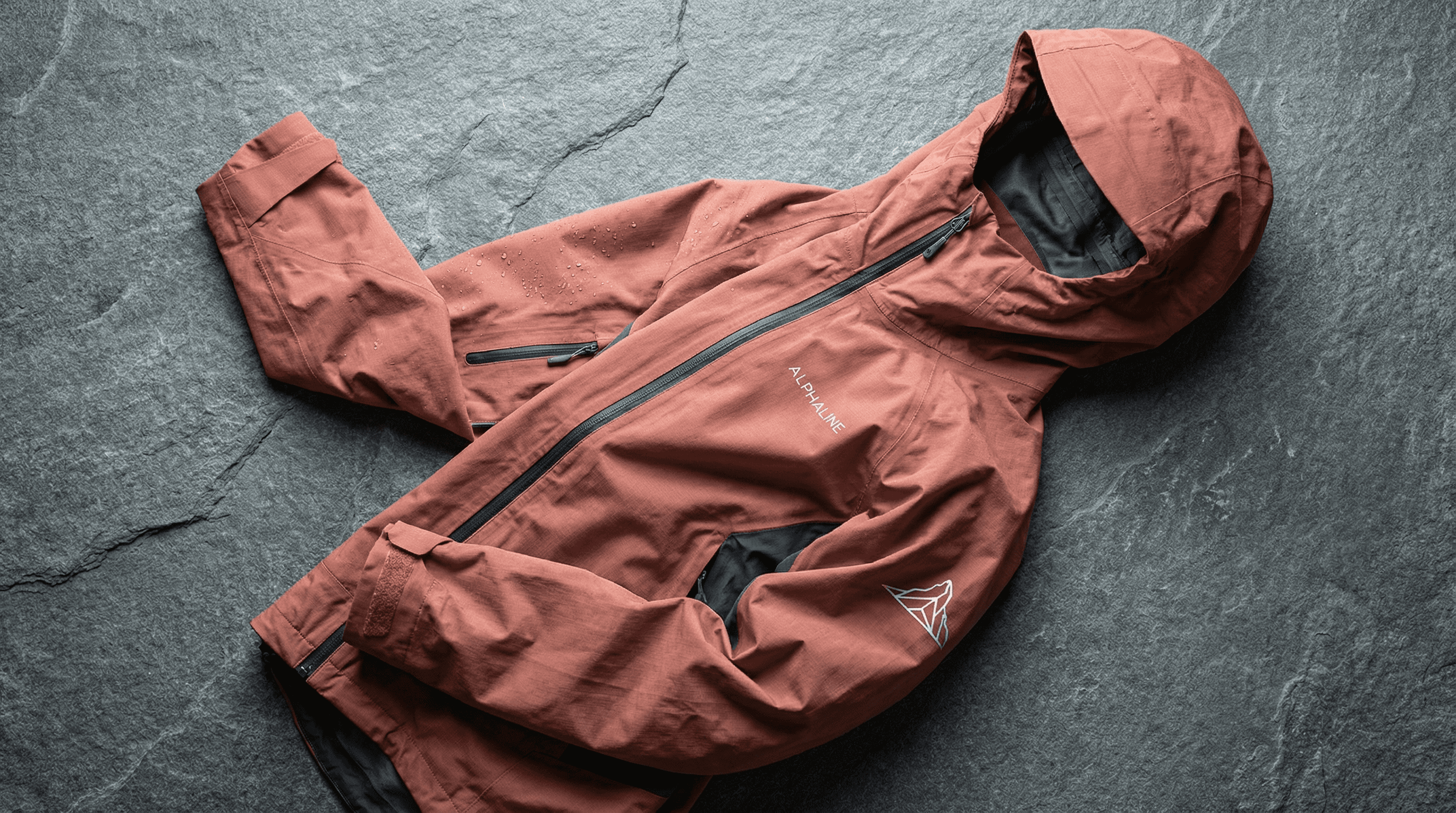 ALPHALINE alpine jacket displayed on a dark stone surface