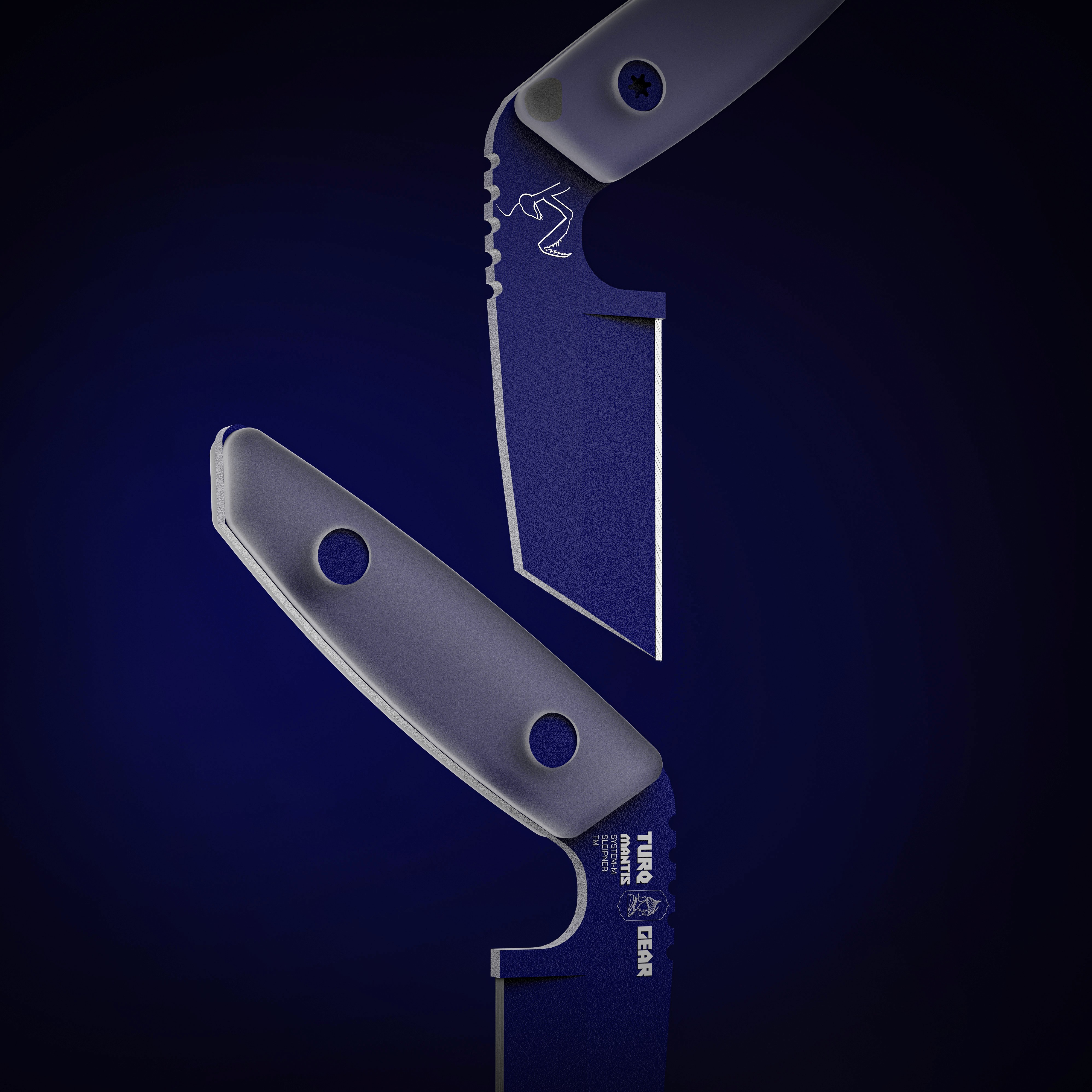 Close-up 3D render of the Turq Gear 'Mantis' knife in deep navy blue. Highlights the unique blade geometry, ergonomic handle scales, and the praying mantis logo, reflecting the brand's focus on precision and nature-inspired design.