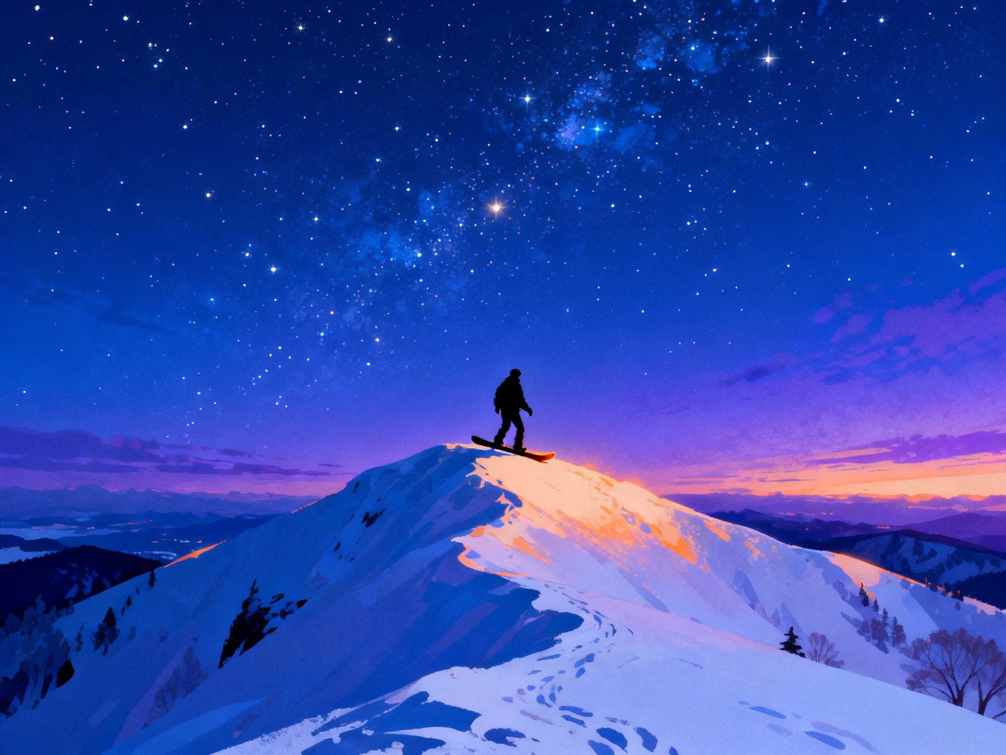 A fine-art illustration in format depicting a lone snowboarder silhouetted against a vibrant