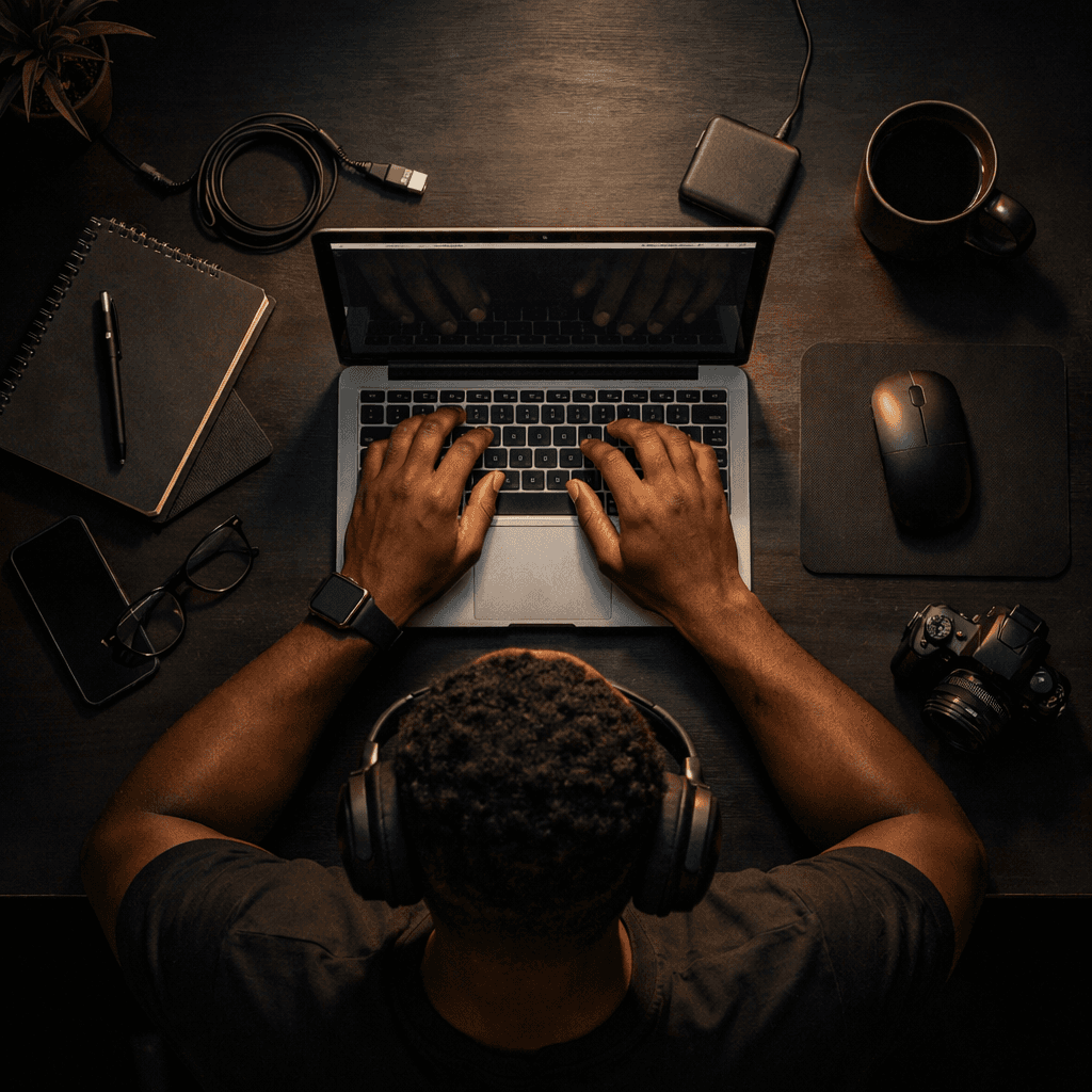 Person wearing headphones and typing on a laptop, surrounded by gadgets, creating a productive workspace environment.