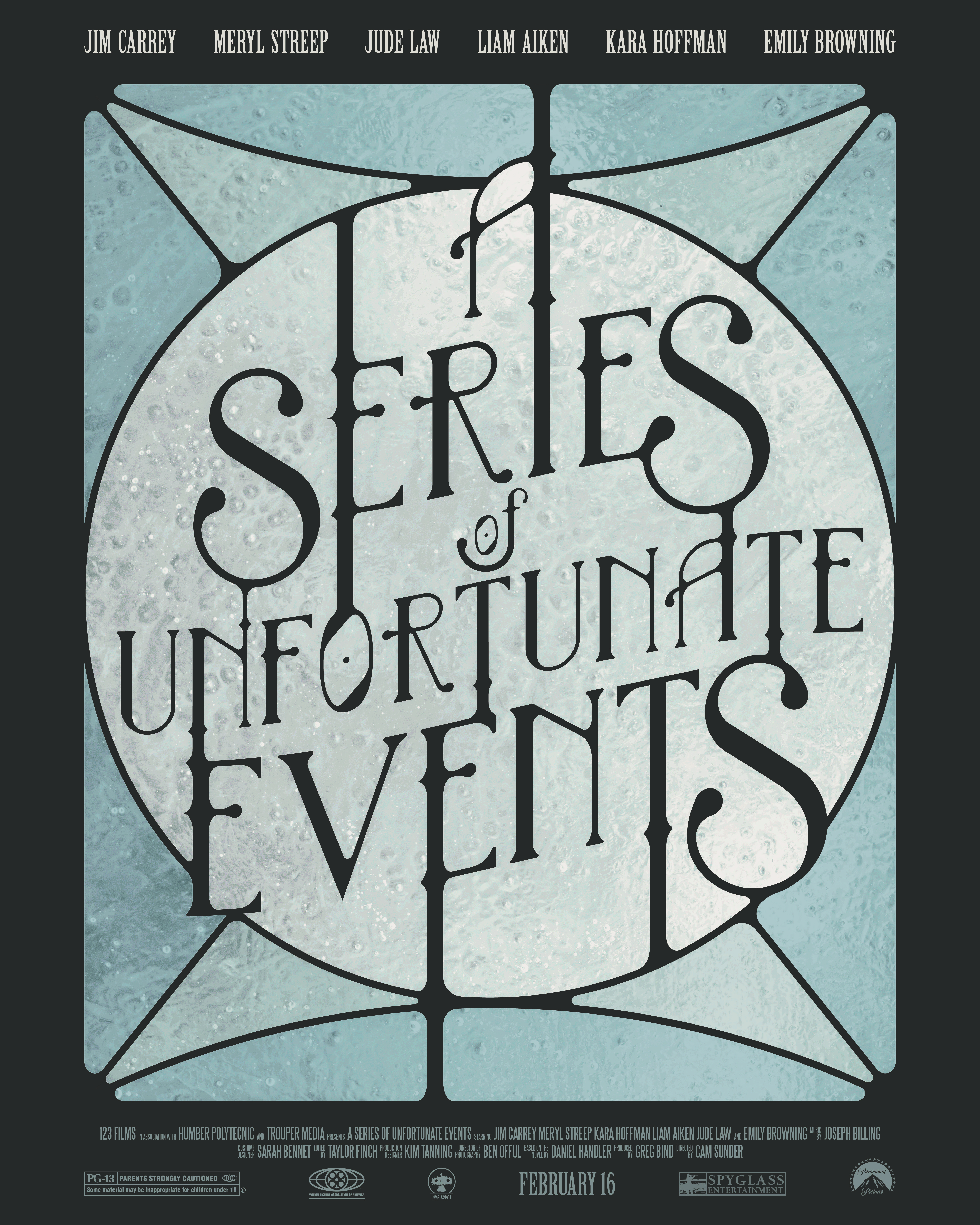 The final version of the movie poster featuring the custom typeface. The layout mimics stained glass with different sections framed by the black joints like in stained glass. There is a glass texture overlayed. The actor names are at the top of the poster and the movie informtaion is along the bottom edge.