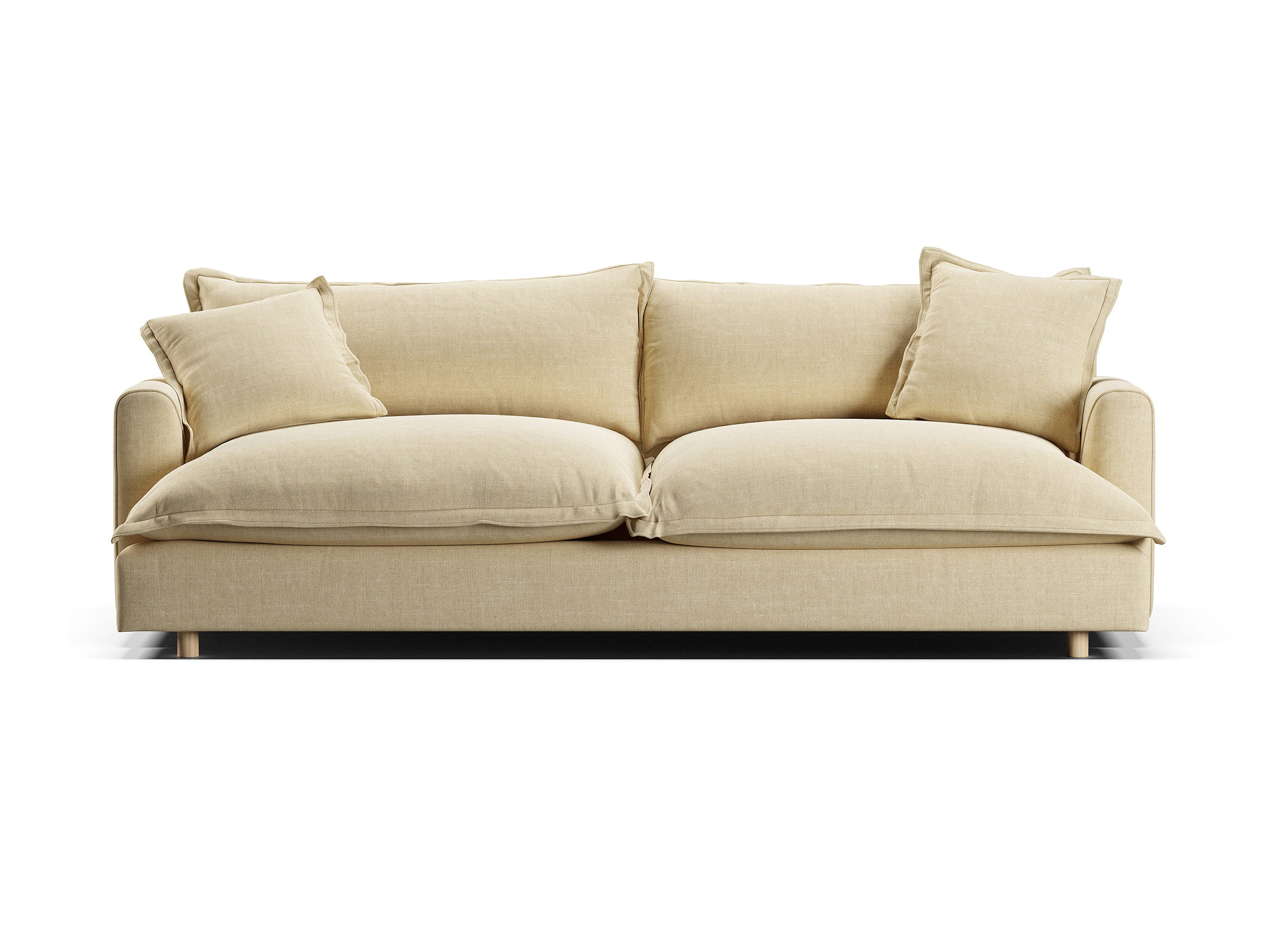 Front view 3D render of beige sofa with plush cushions and low-profile design