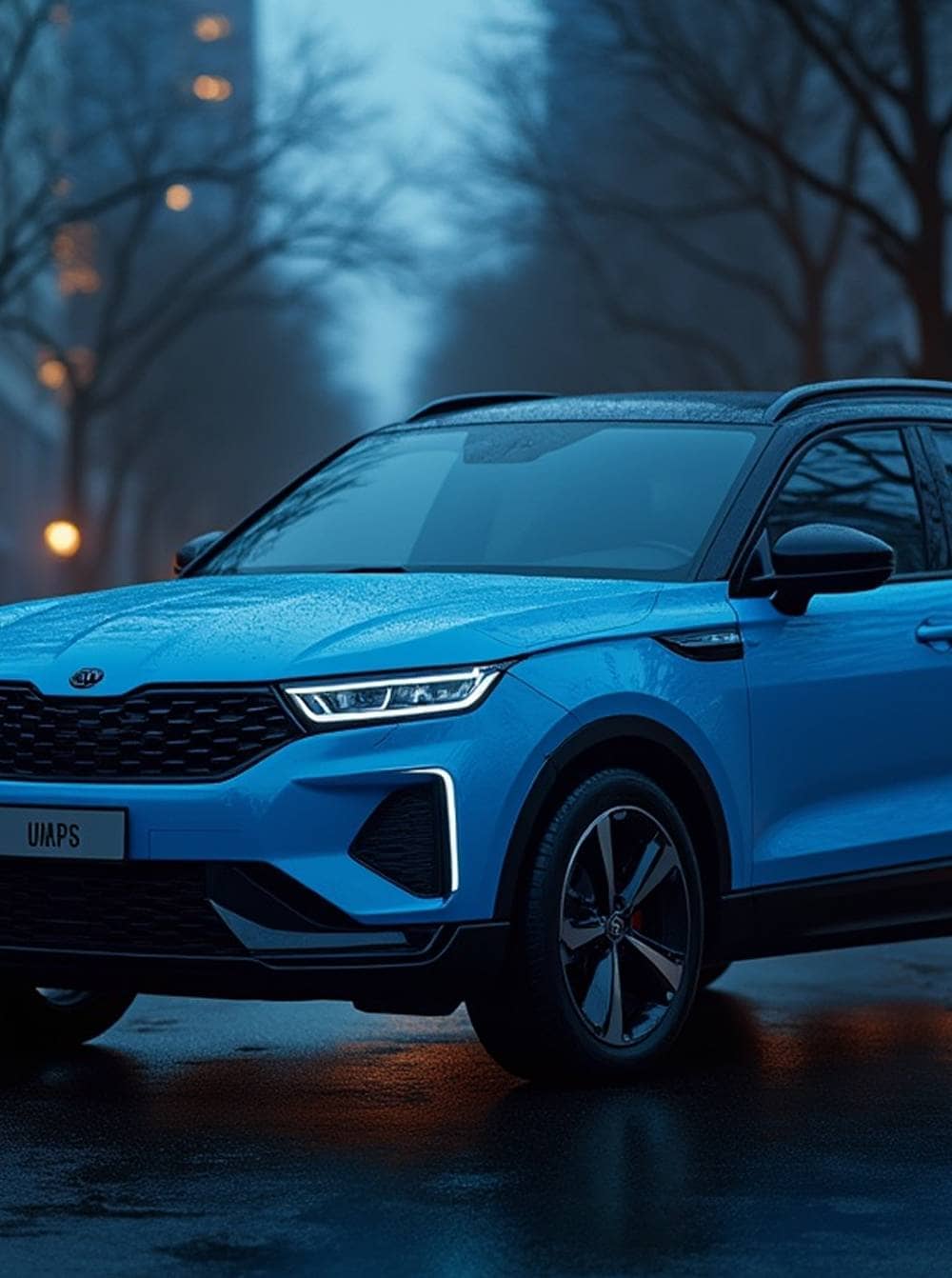 Voiture multisegment bleue aux phares à DEL allumés, reflétant les lumières d'une ville pluvieuse.