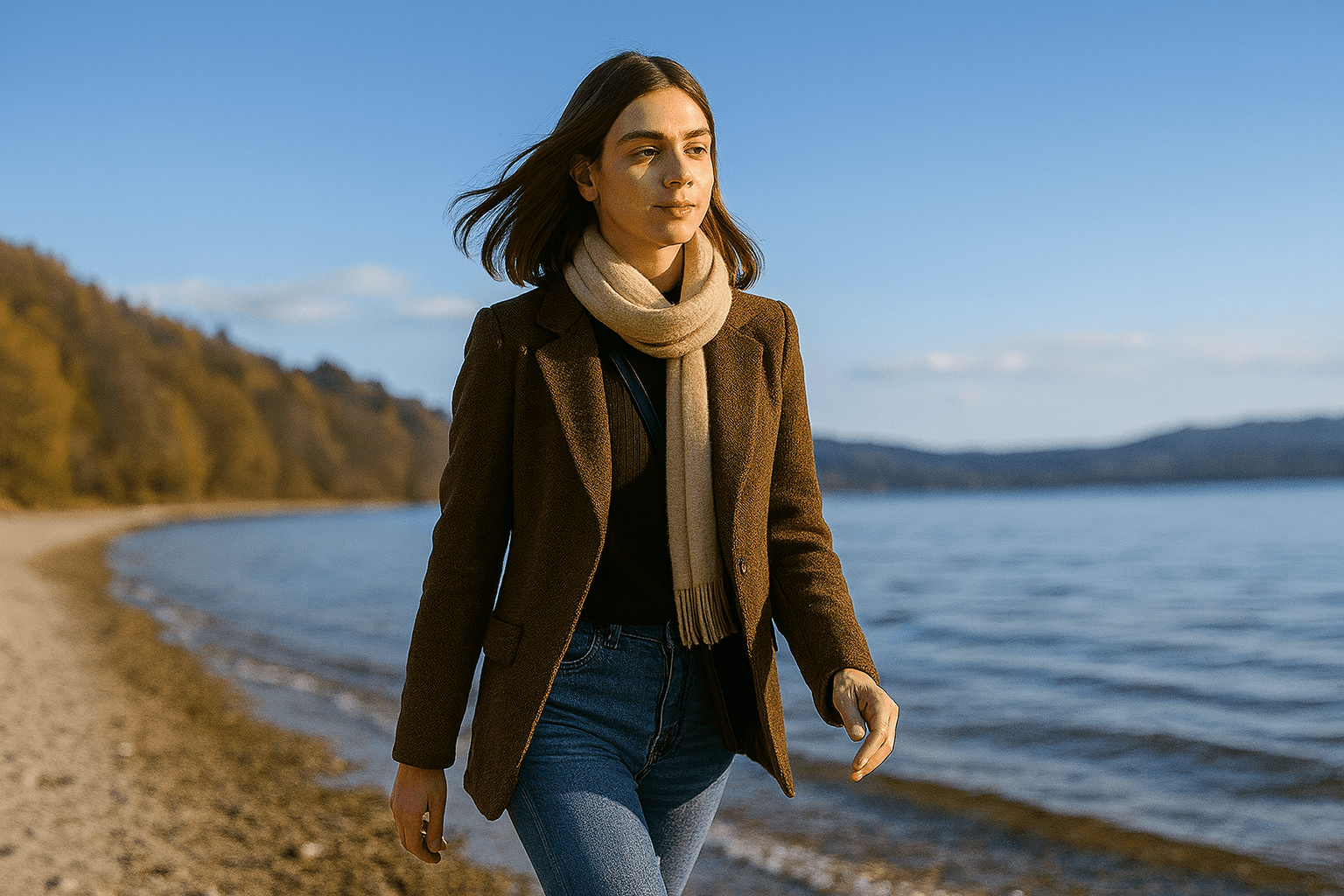 A woman in a brown jacket and scarf walks along a serene lakeshore, with clear blue skies and tree-lined hills in the background, evoking a peaceful autumn ambiance.