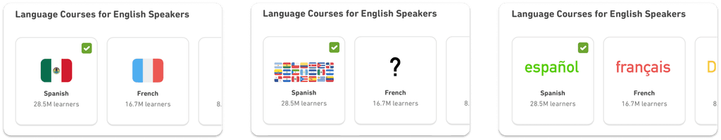 Iterations of the course selection screen with different flags, several flags, or text used to represent courses.