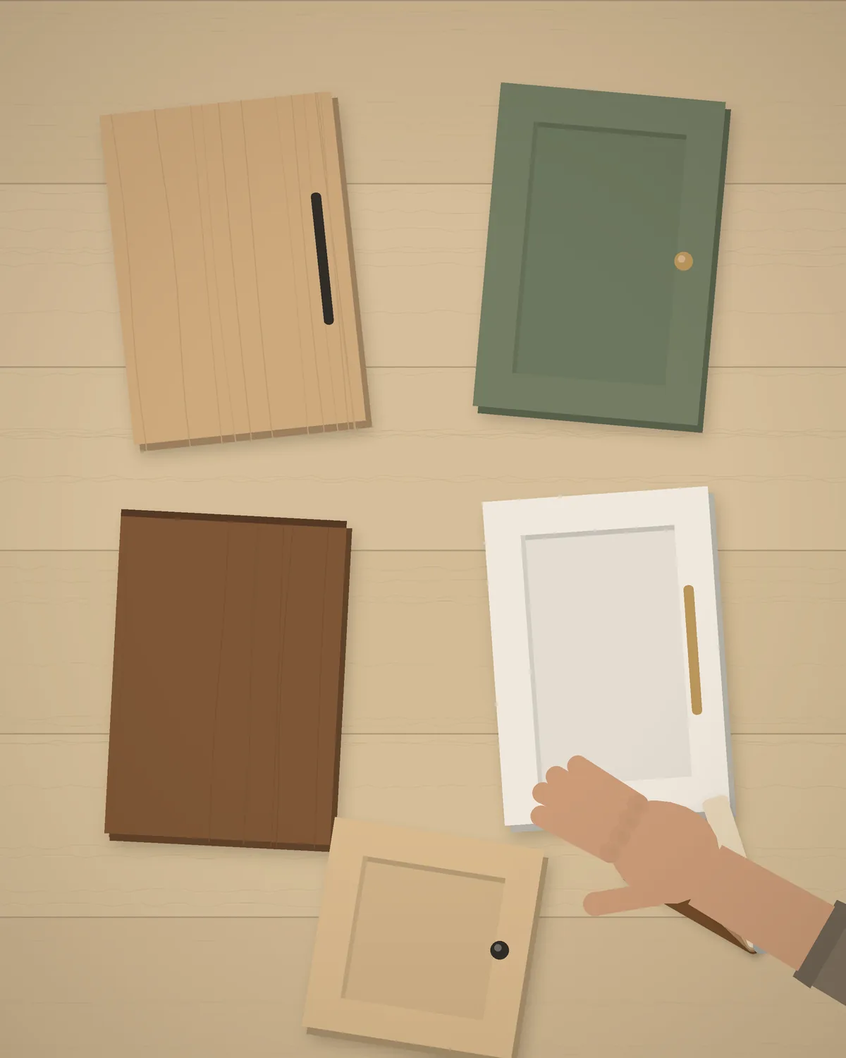 Cabinet door samples on a worktable