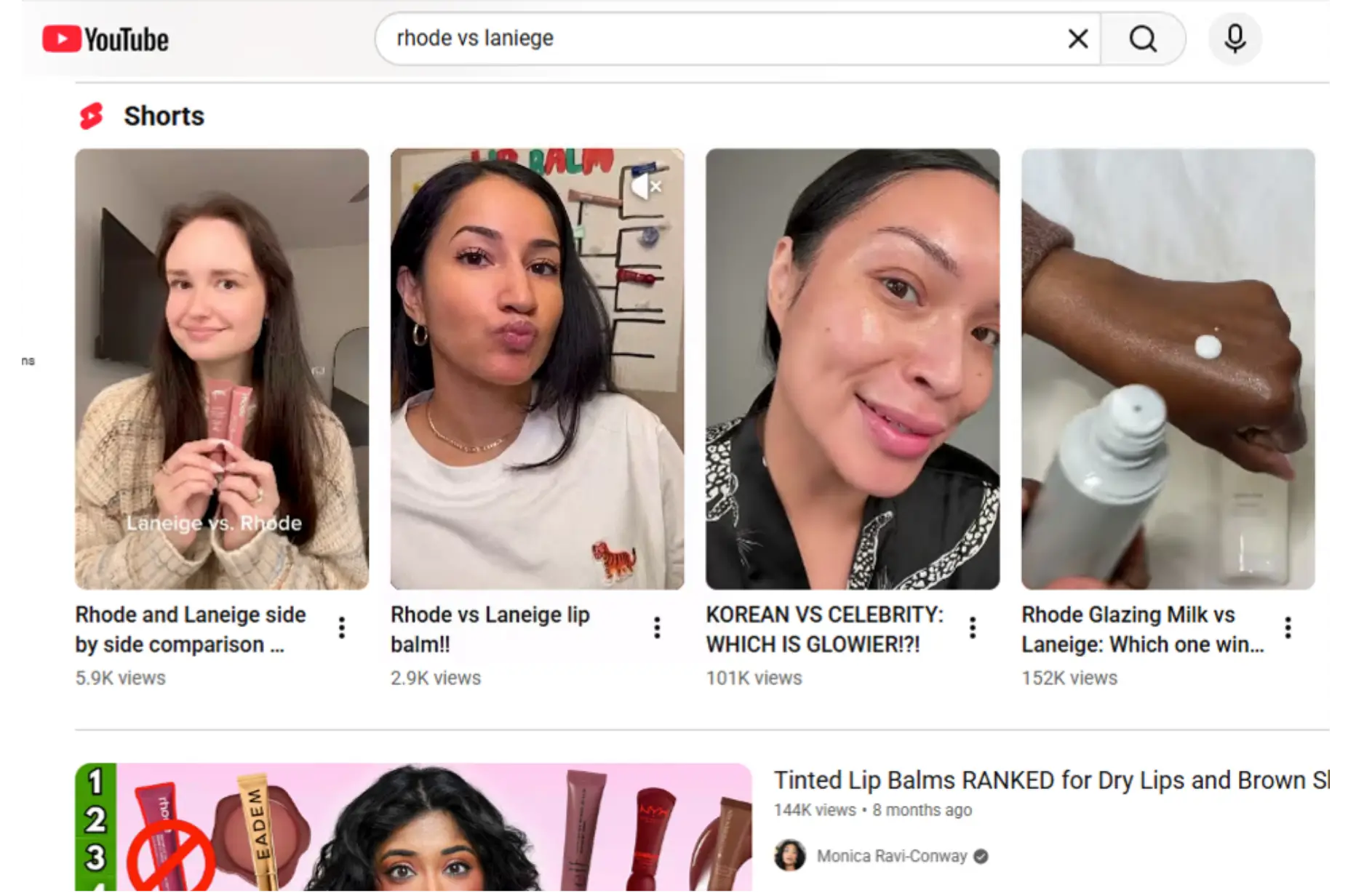YouTube Shorts comparison videos of Rhode vs Laneige skincare and lip balm products.