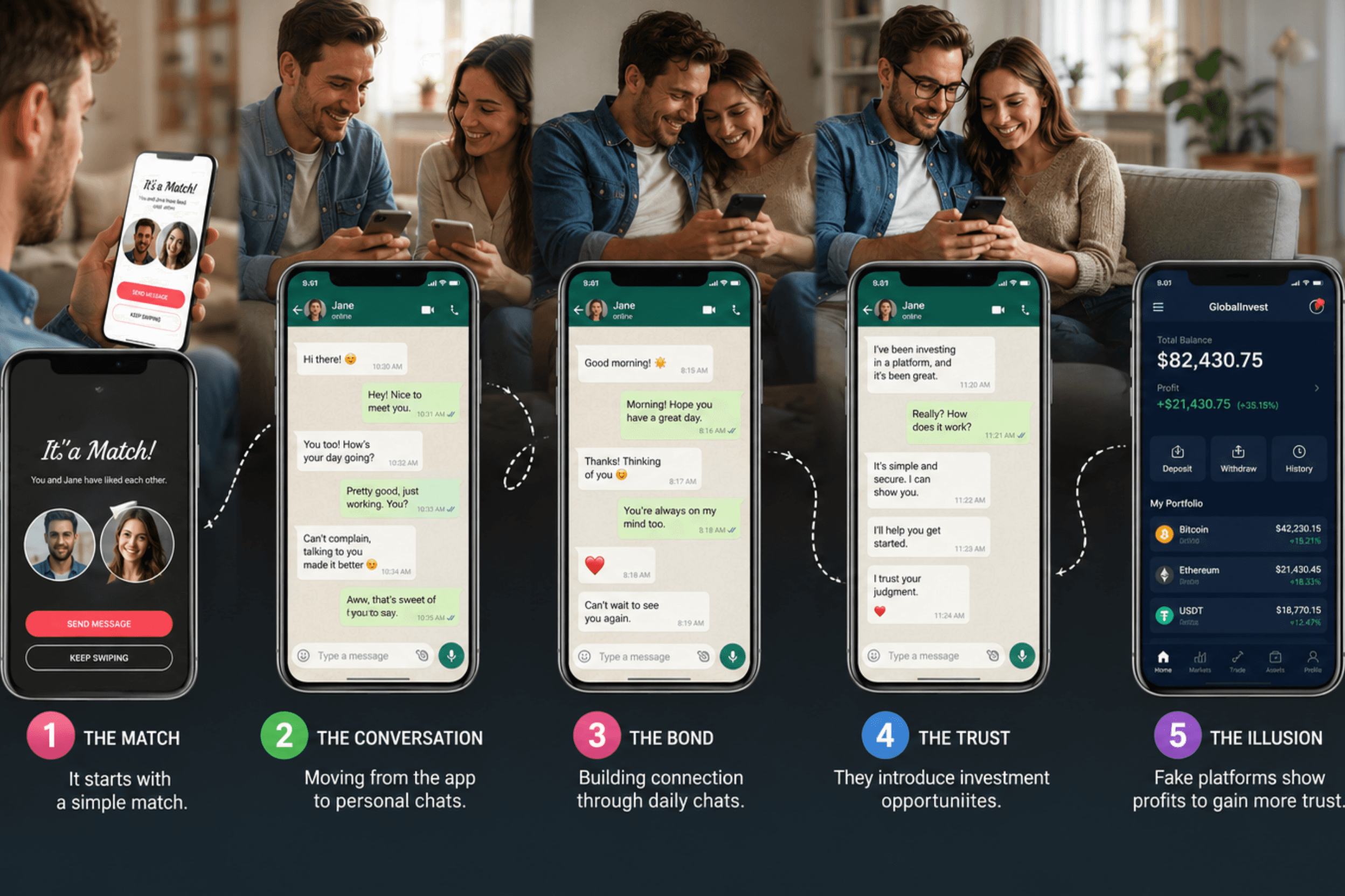 Romance scam journey showing how scammers build relationships through dating apps, gain trust through ongoing conversations, and eventually promote fraudulent investment opportunities.