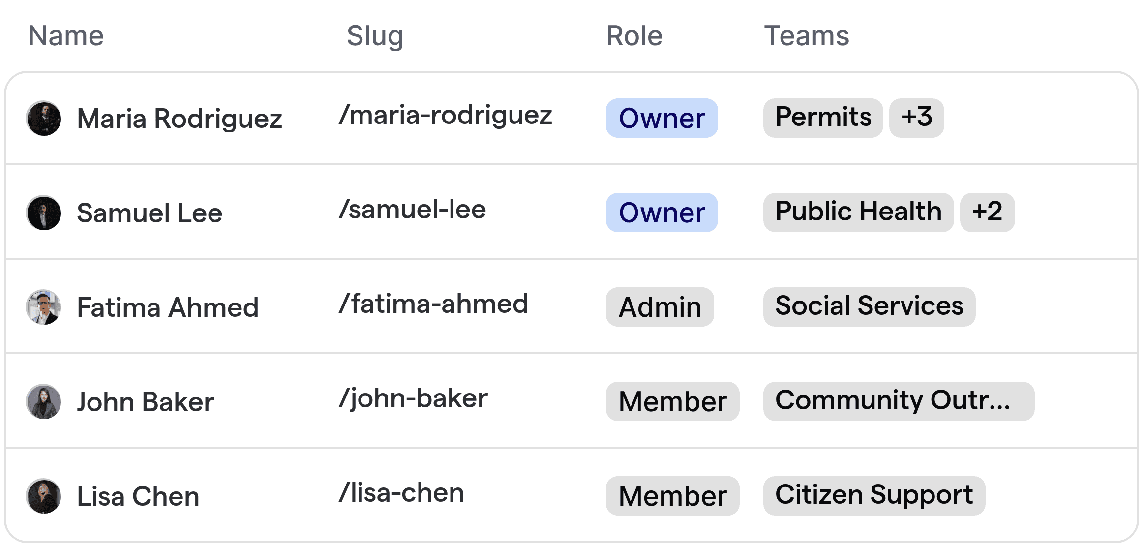 Team member assignment interface for government departments such as permits, public health, and social services.