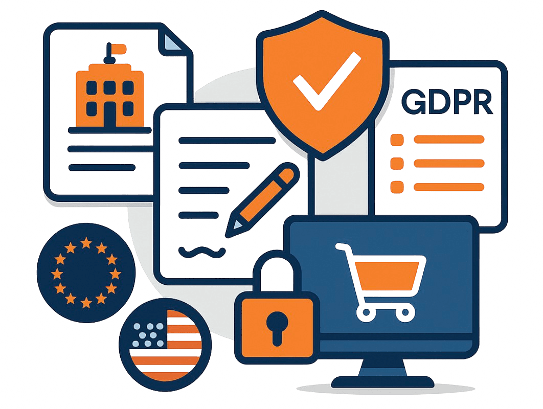 Flat-style illustration showing legal setup for ecommerce businesses, including incorporation documents, contracts, trademark registration, and EU–US market elements, representing foundational legal services for online brands.