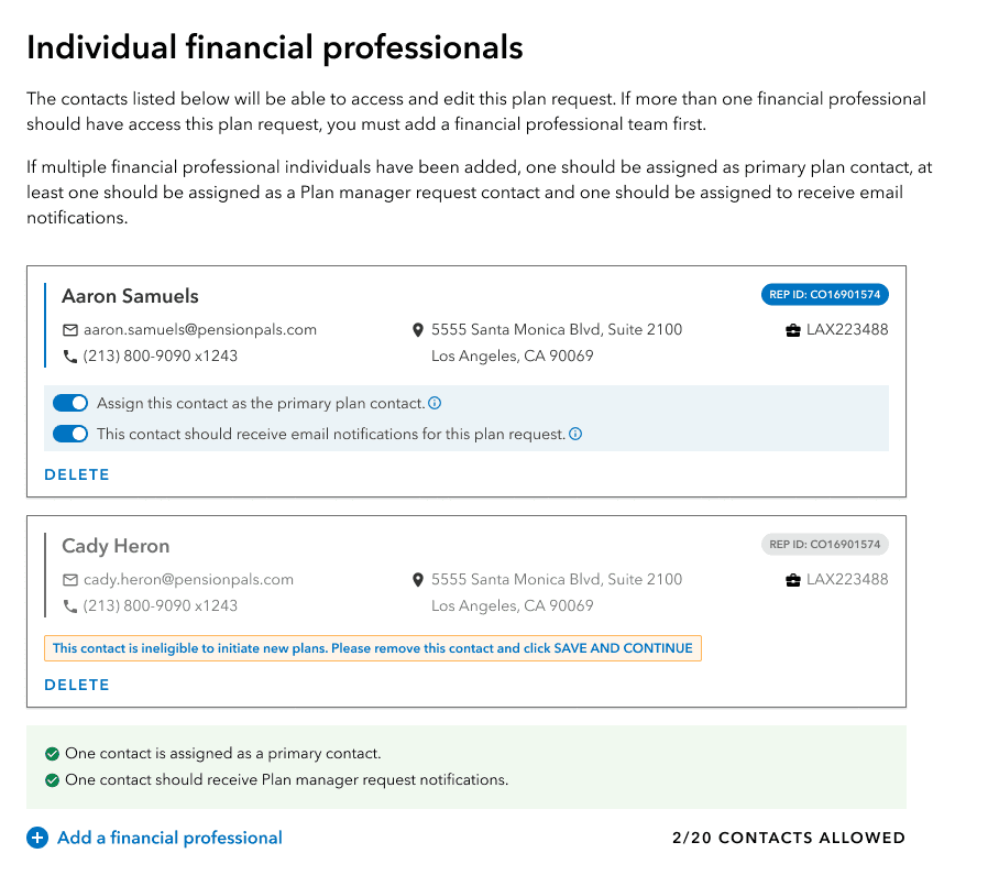 List of individual financial professionales with peference toggles and validation.