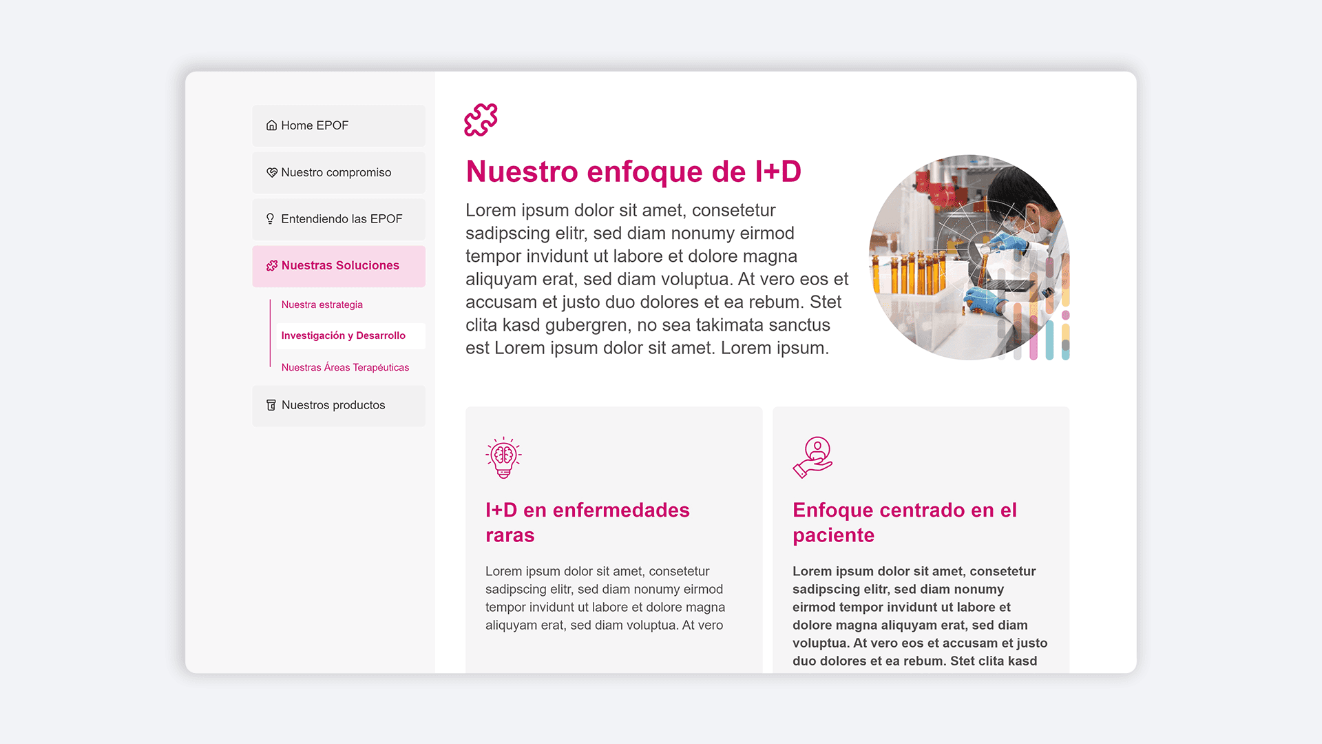 Diseño web enfocado en I+D de enfermedades raras, con imágenes de laboratorio y navegación con acentos en rosa.