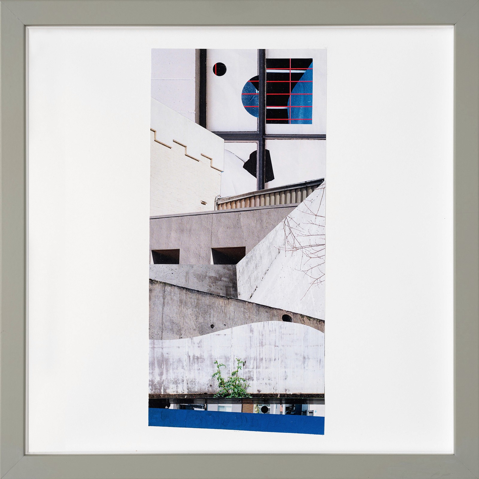 Vertical collage layering concrete, plaster, and geometric building fragments. The composition stacks sharp architectural planes with circular and grid motifs, creating a tension between depth and flatness.
