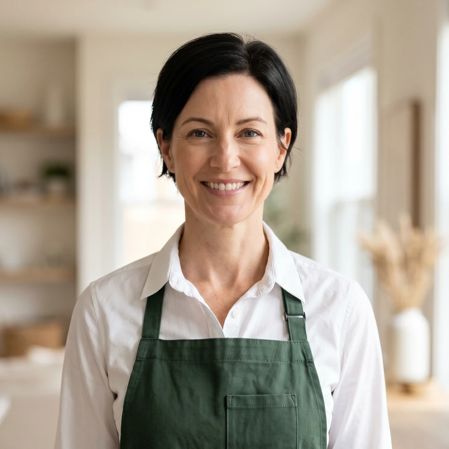 Smiling woman wearing a green apron in a bright indoor setting.