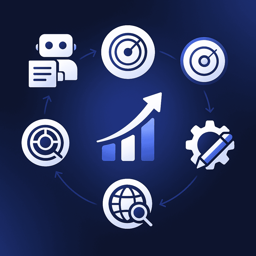 Circular diagram of five Relixir capabilities feeding into a central ROI arrow