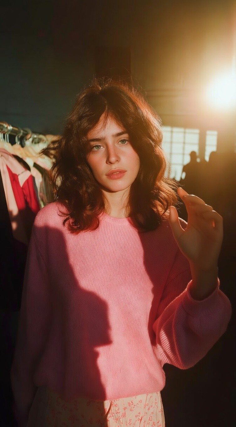 Woman in pink sweater indoors.