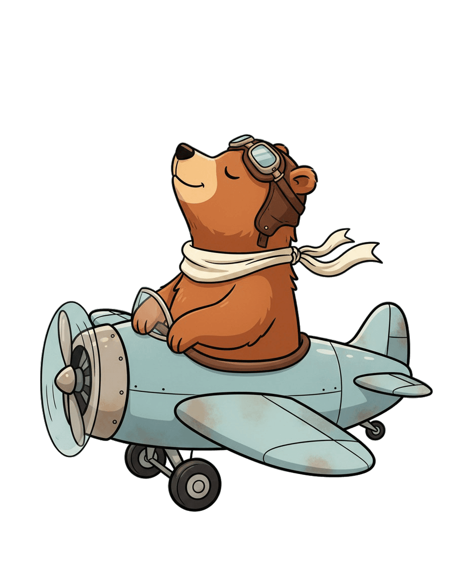 The little bear is flying on an airplane.