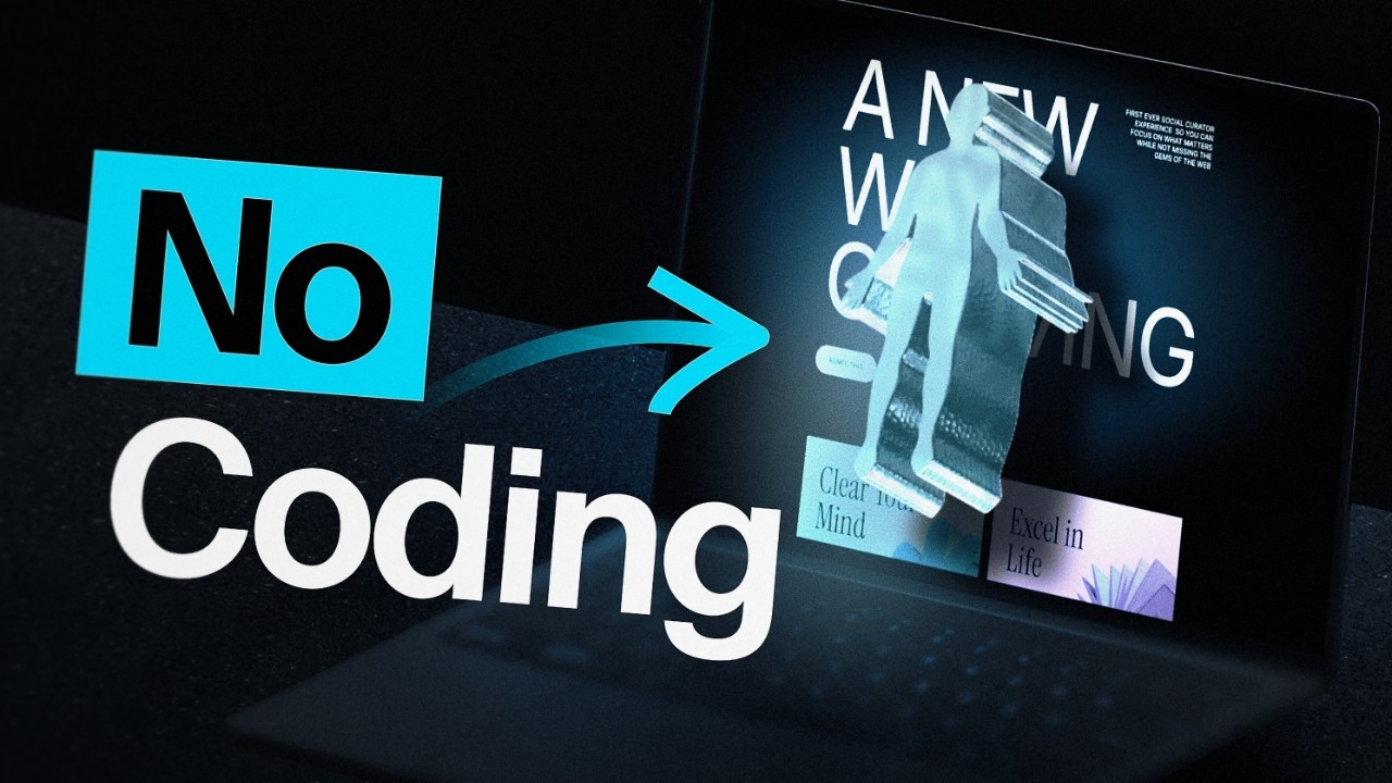 Text 'No Coding' with an arrow pointing to a laptop displaying a futuristic 3D figure and digital content