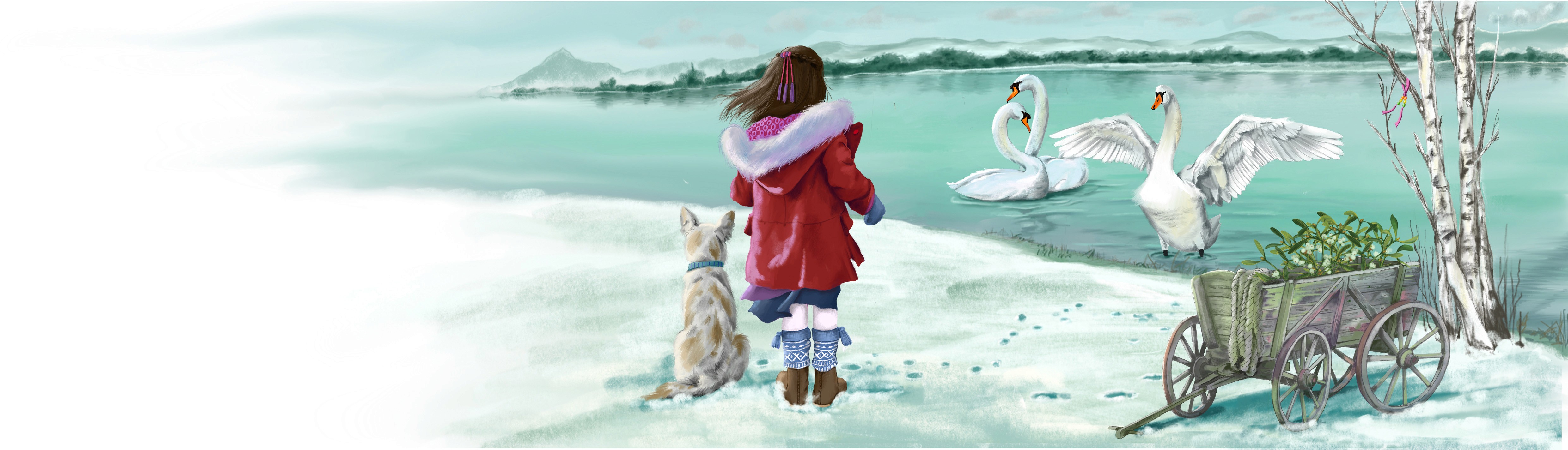 Ein Mädchen und ein Hund stehen vor einem See in dem Schwäne sind. Es ist Winter und es liegt Schnee