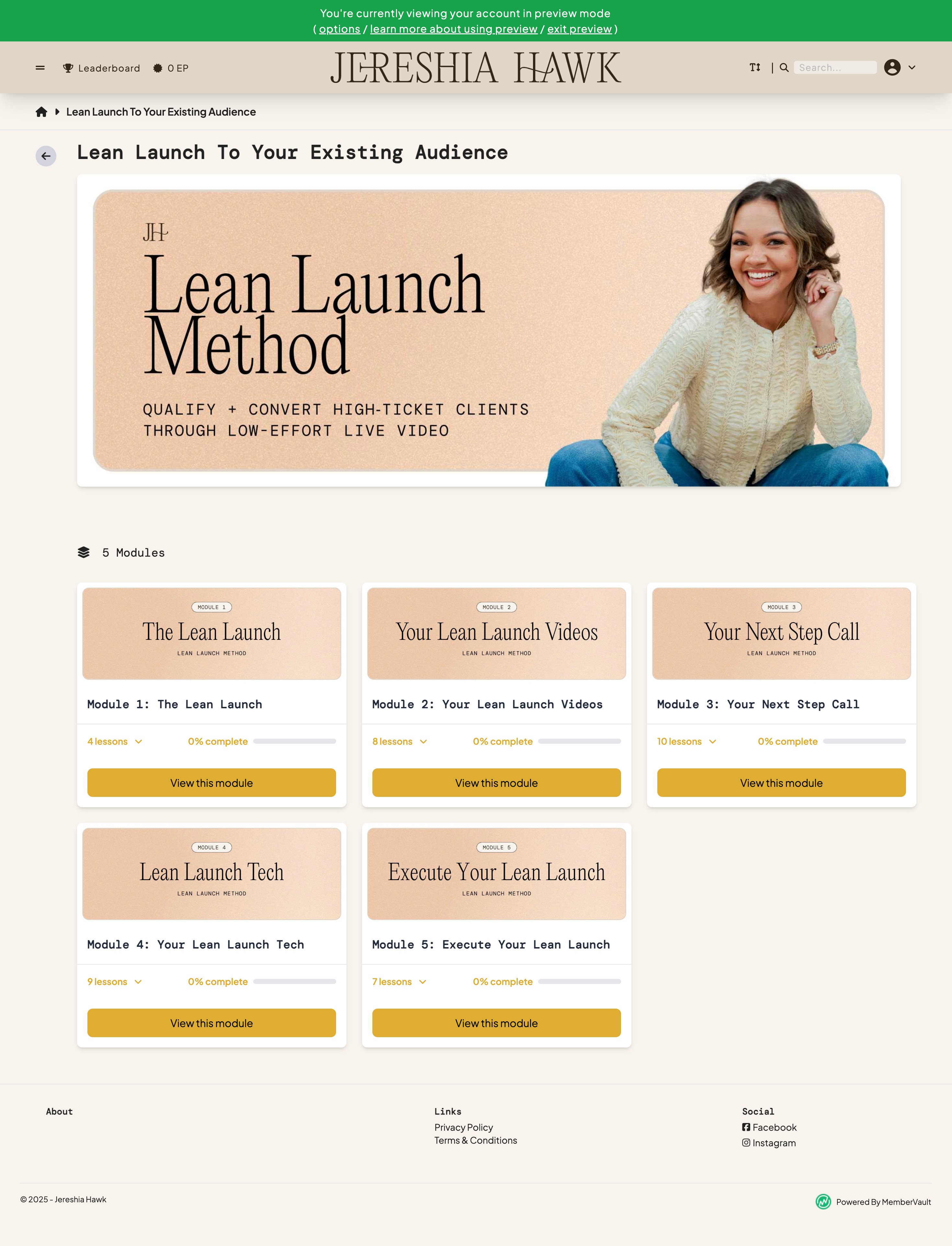 MemberVault client portal design for Jereshia Hawk's Lean Launch Method