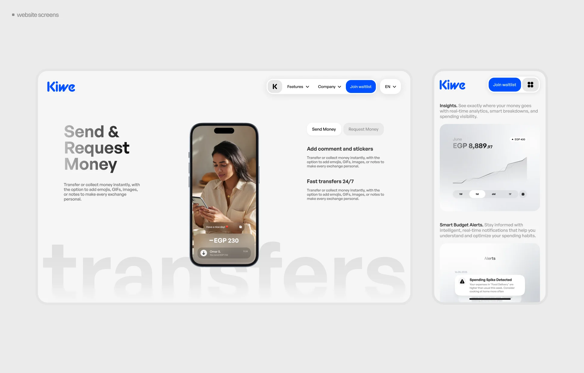 Kiwe website feature pages — Send & Request Money with fast transfers, and Insights with spending analytics and budget alerts
