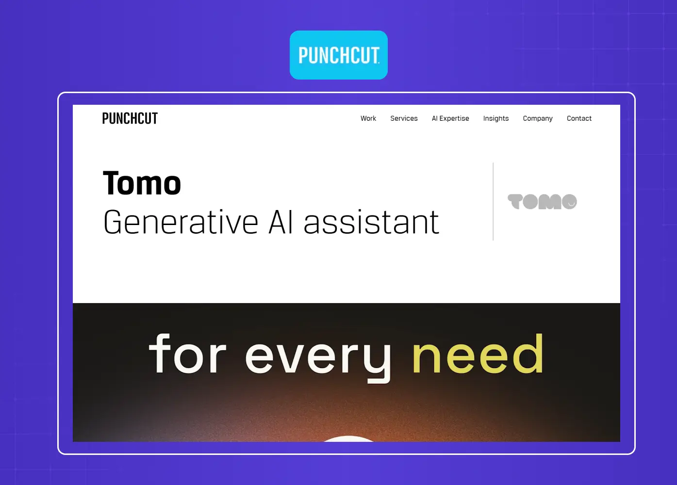 Landing page for a generative AI assistant product featuring minimalist design and bold typography.