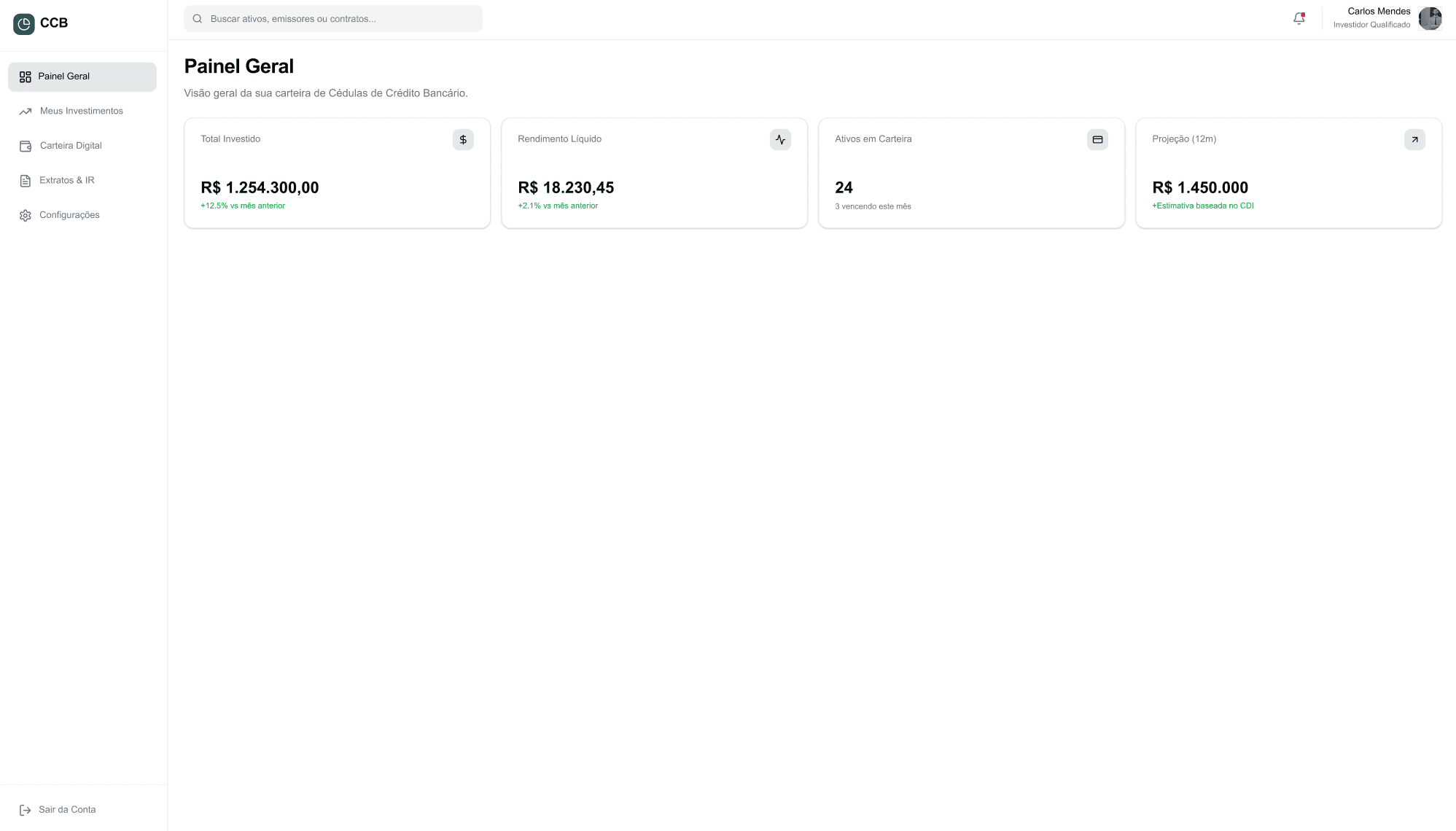 Plataforma de gestão white label da Fidúcia em versão desktop, mostrando painel de controle financeiro, gráficos de transações e interface de administração de serviços bancários